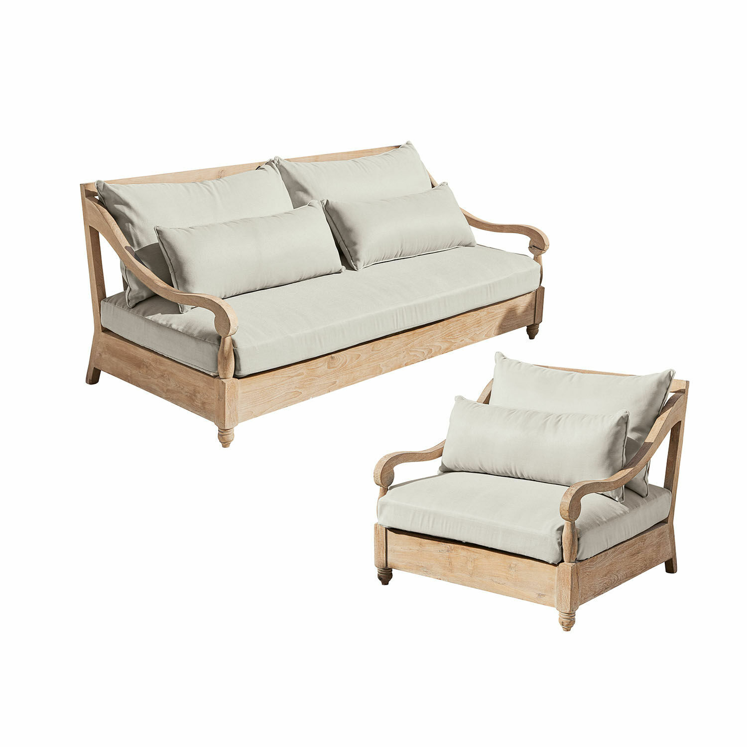 Ensemble de sièges Montcassin en bois brun avec coussins beige, mobilier confortable pour salon