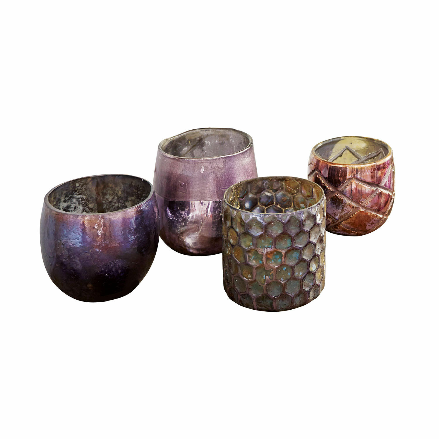 paars Set van 4 paarse glazen windlichten met verschillende texturen, interieurdecoratie en verlichting