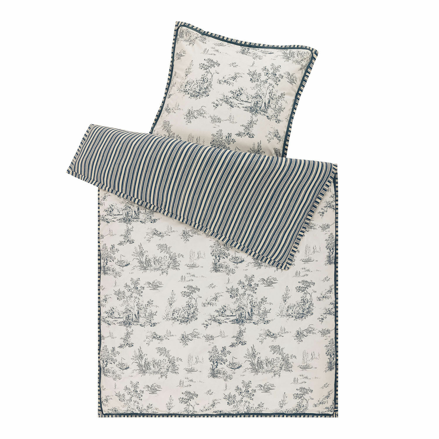 Beddengoed Felencio Katoenen beddengoedset met blauw-wit landschapspatroon en strepen, decoratieve slaapkamer set