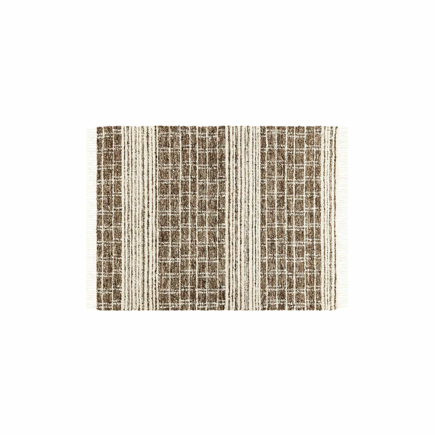 Vloerkleed Berinique Bruin-crème vloerkleed met strepen- en ruitpatroon van natuurlijke materialen, vloerdecoratie