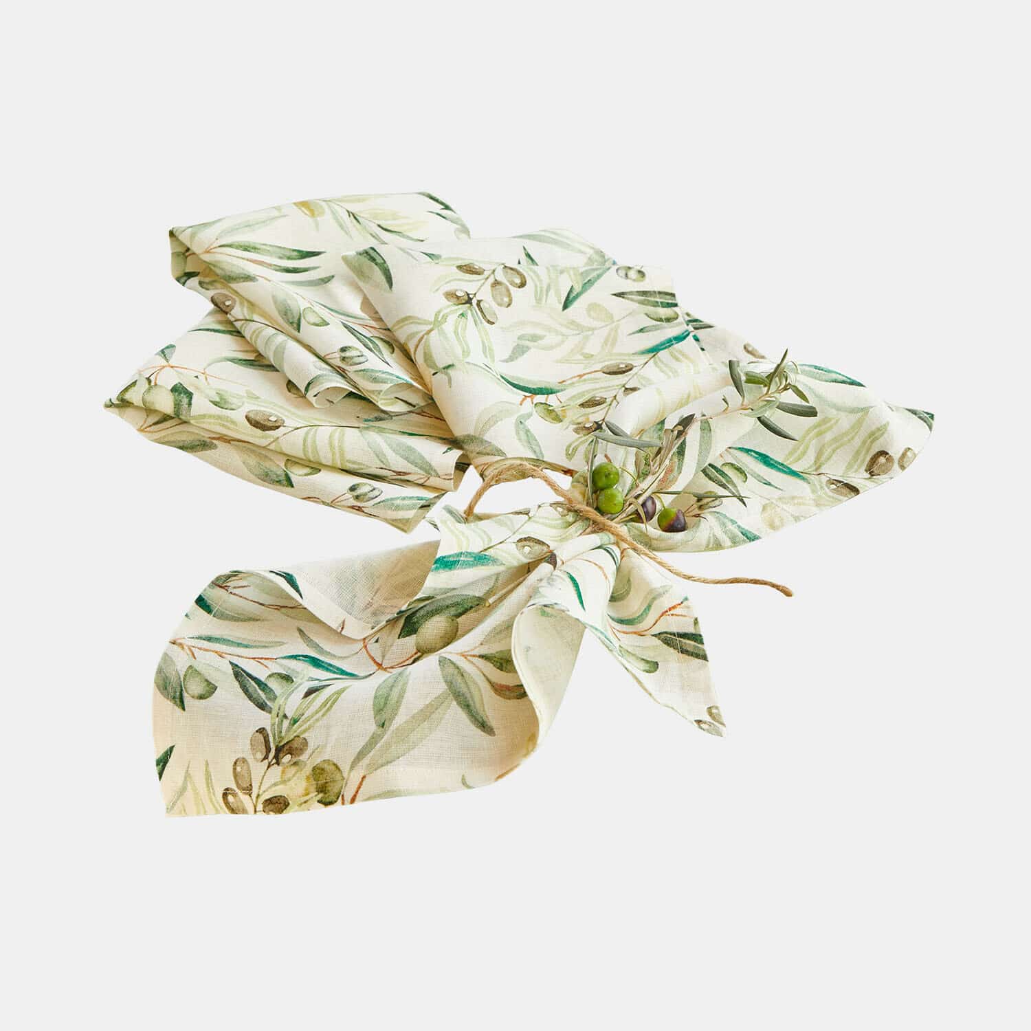 Lot de 4 serviettes Nolaria Serviette en lin crème avec motif d'olives vertes, décoration élégante pour table