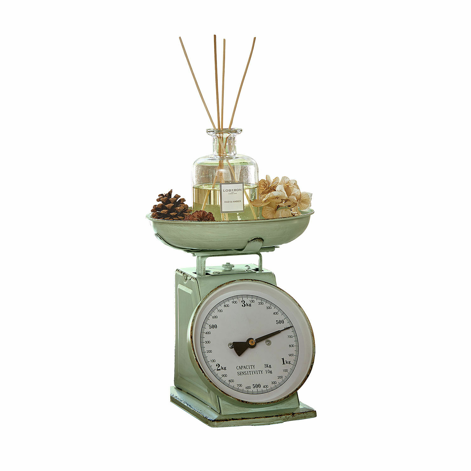 Balance de cuisine Dorianza Balance de cuisine verte en métal avec cadran blanc et flacon parfumé décoratif avec bâtonnets