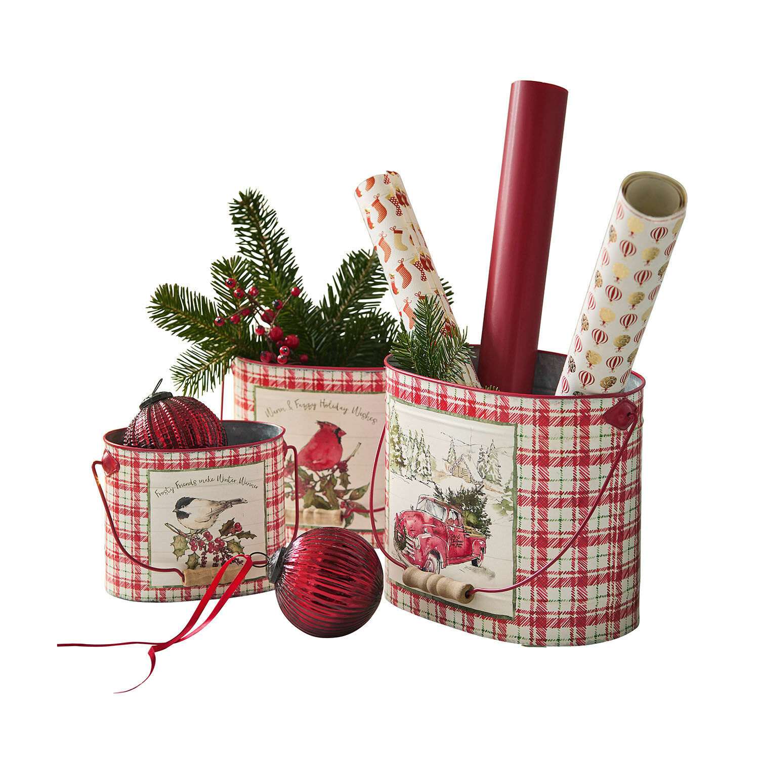 Lot de 3 cache-pots Fuzzy Ensemble de trois seaux en métal à carreaux rouges et blancs avec motifs de Noël et décorations festives