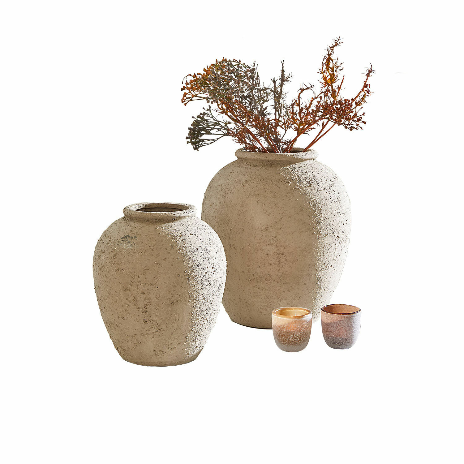 Vaas set van 2 Zaviro Set van twee beige keramische vazen met structuur en twee kleine decoratieve theelichthouders