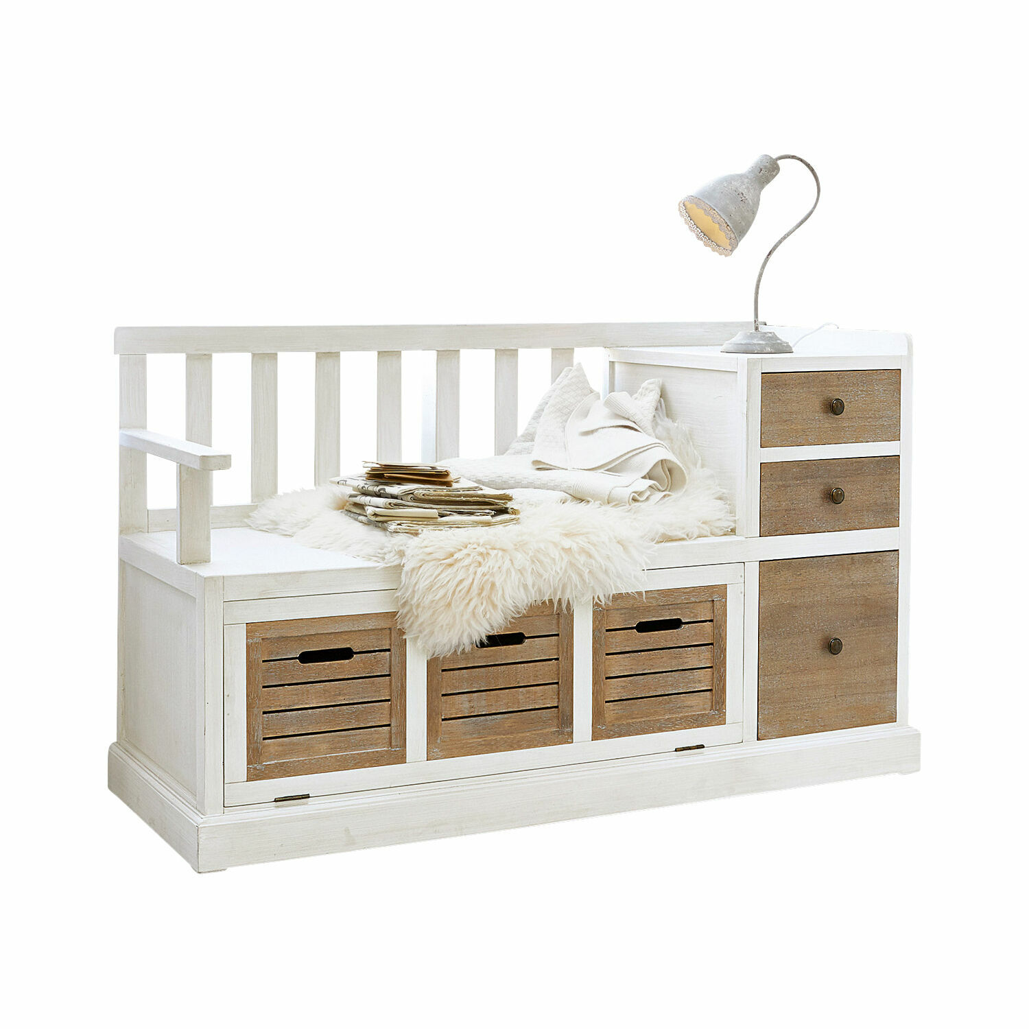 Banc Elton Banc en bois blanc avec tiroirs marron naturel et couverture en fausse fourrure pour rangement pratique