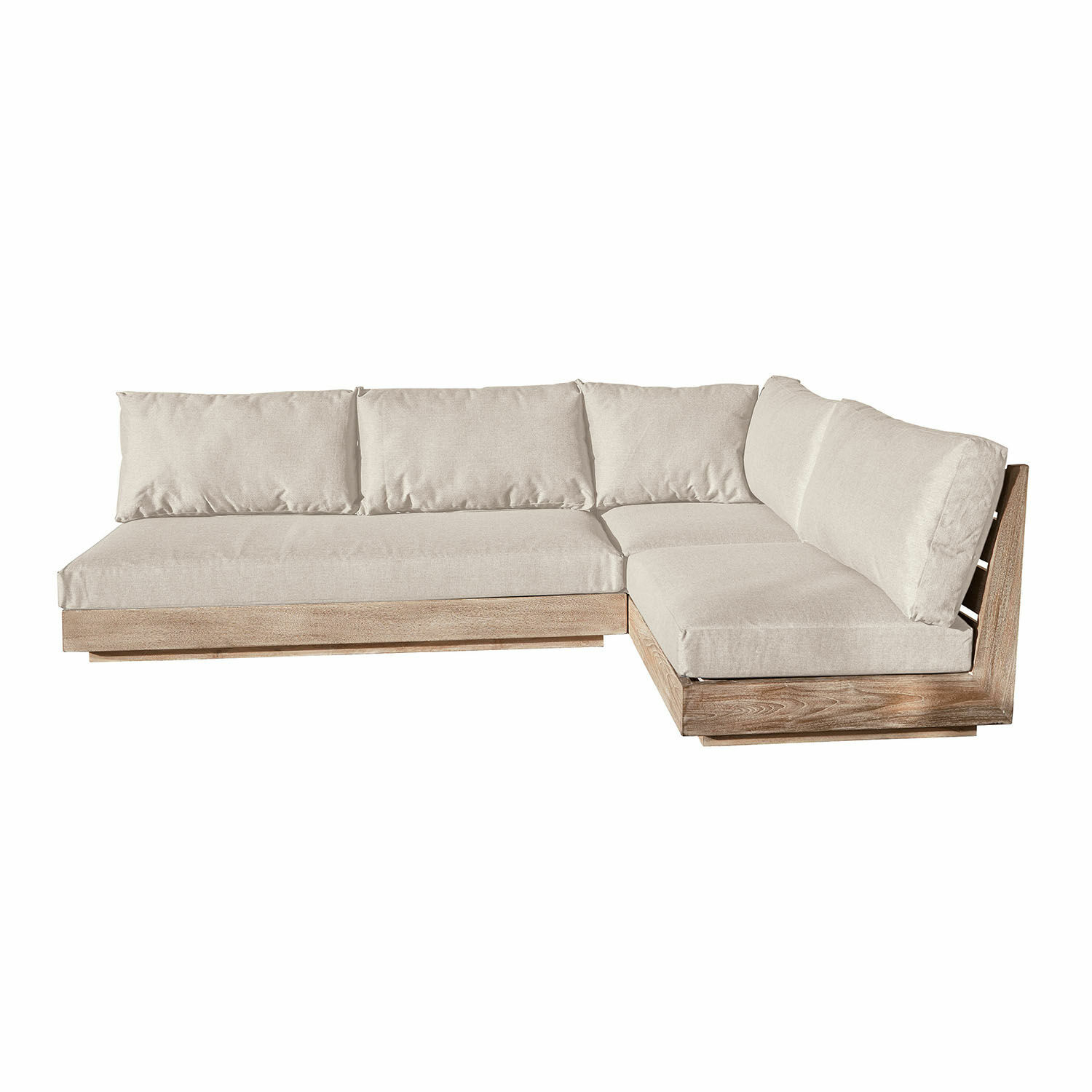 Canapé d'angle crème avec cadre en bois marron, meuble confortable pour salon moderne