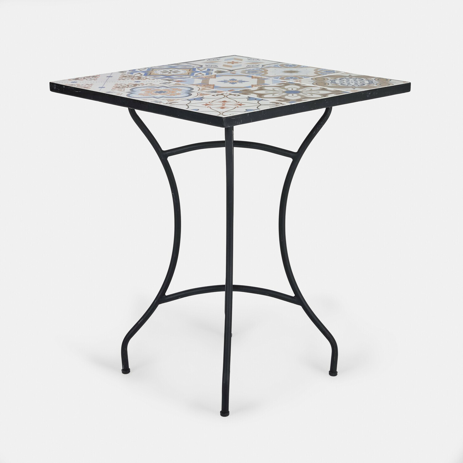Table Céligny Table carrée avec pied en métal noir et plateau en céramique colorée à motifs décoratifs