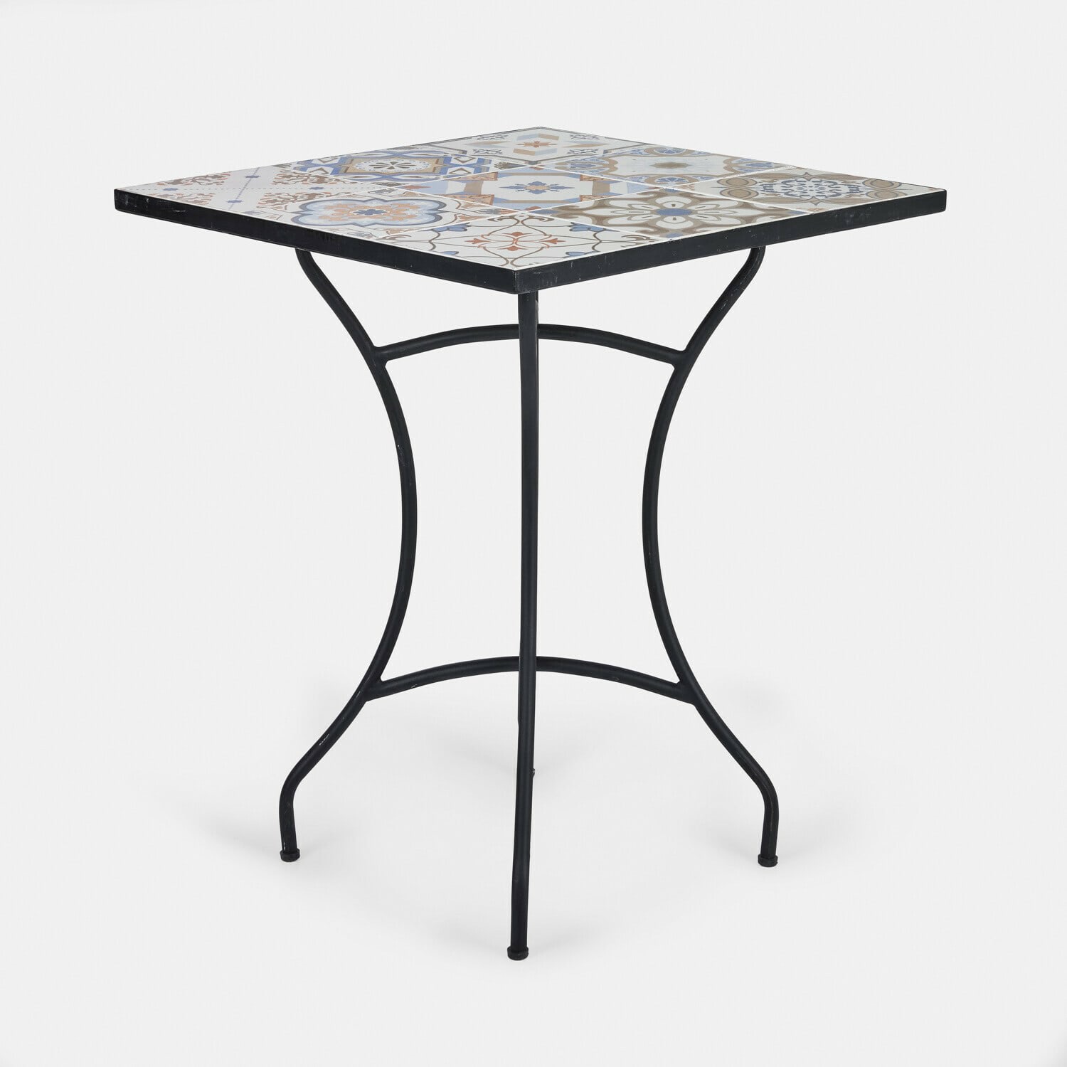 Tafel Céligny Vierkante tafel met zwart metalen onderstel en kleurrijk keramisch blad met patroon