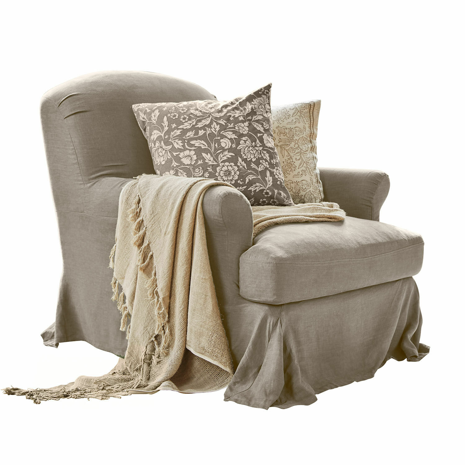 Fauteuil Vionnique Fauteuil beige en lin avec coussins décoratifs et plaid doux pour salon confortable