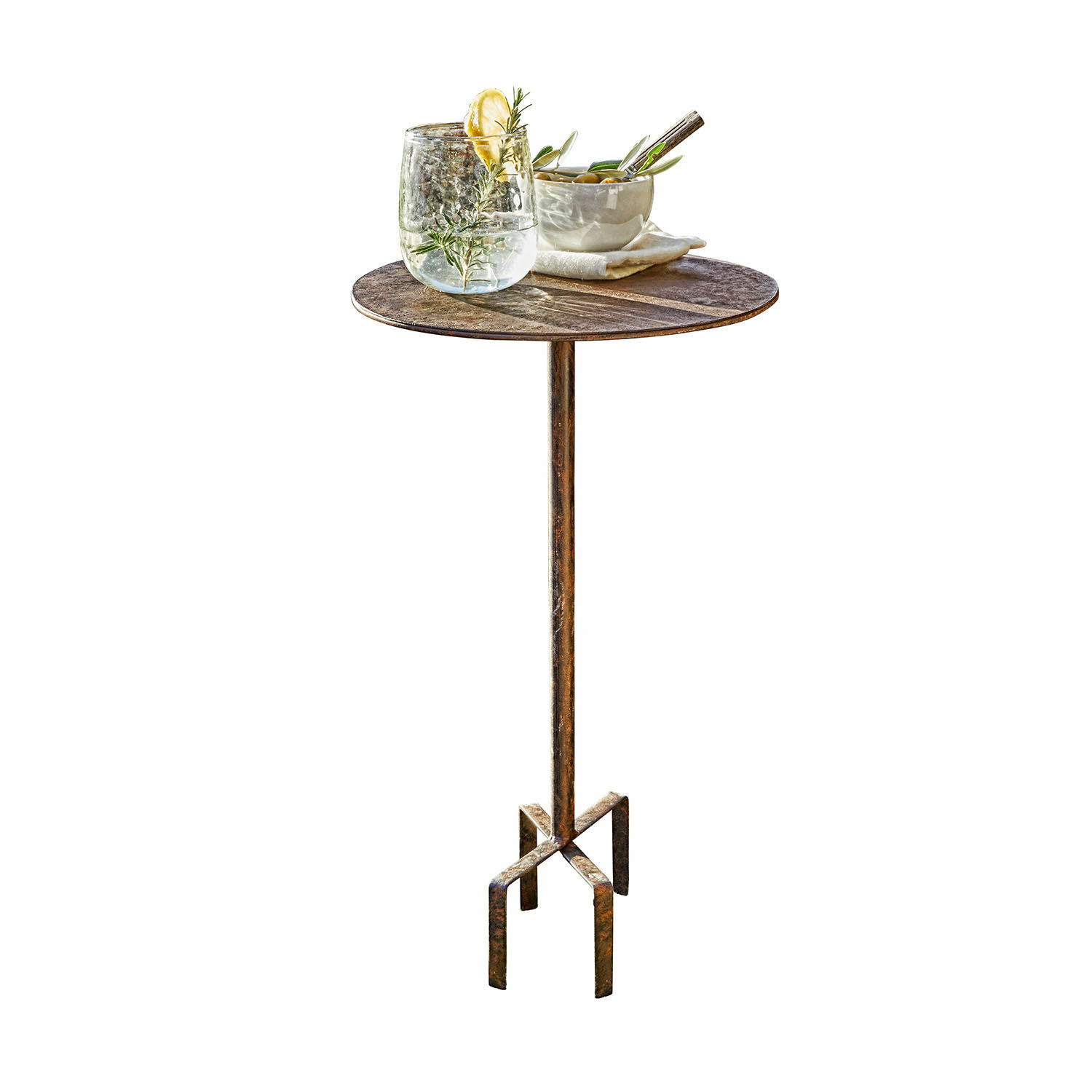 Petite table Fermont Table d'appoint en métal couleur rouille avec plateau rond, parfaite pour salon ou terrasse