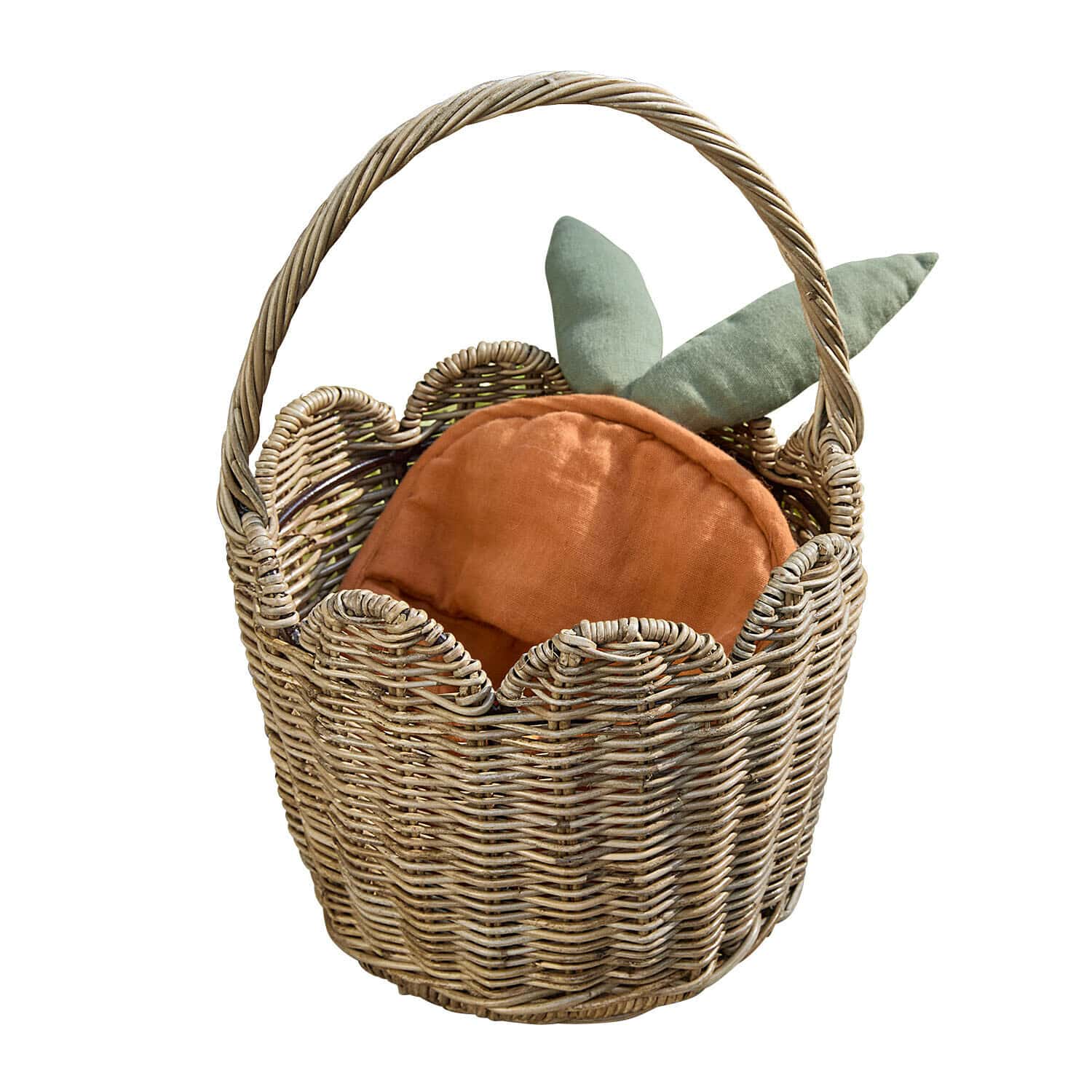 Mand Whimsywood Rieten mand met handvat en wortelvormig kussen in oranje en groen