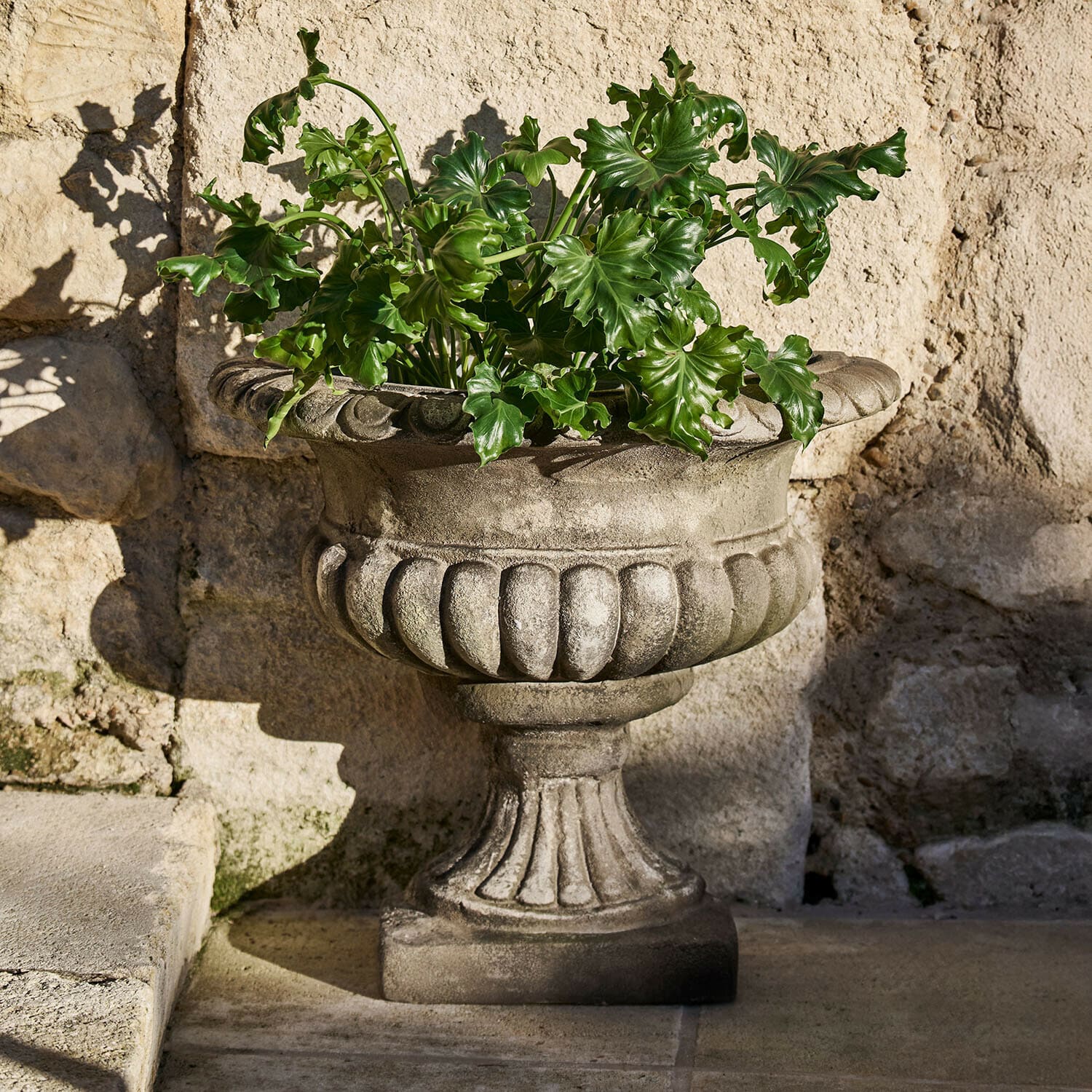 Amphore Navrelle Jardinière décorative en pierre grise avec feuillage vert devant un mur en pierre