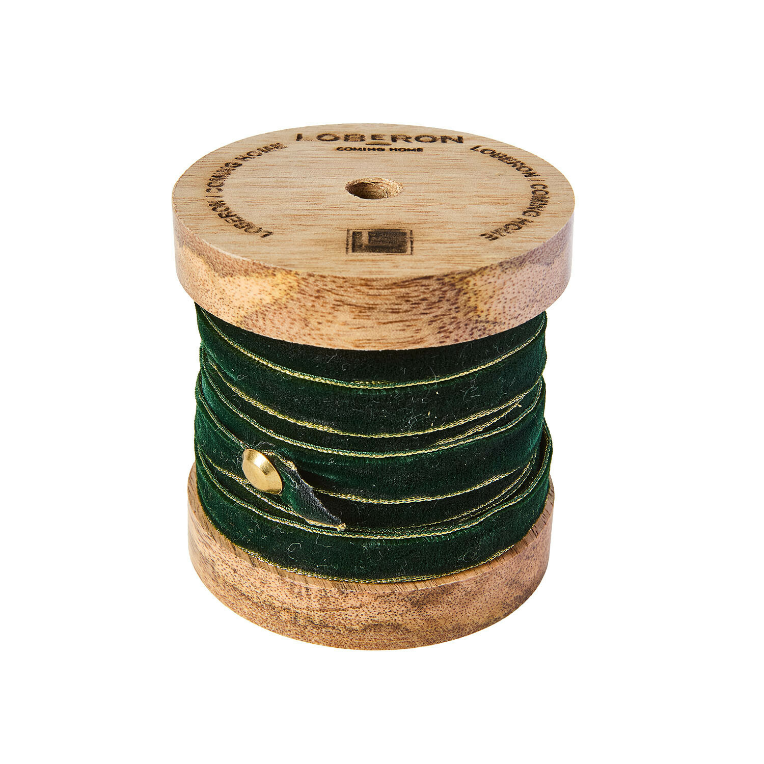 donkergroen/goudkleurig Donkergroene Sorima fluwelen band met gouden rand op houten klos voor decoratie en knutselen