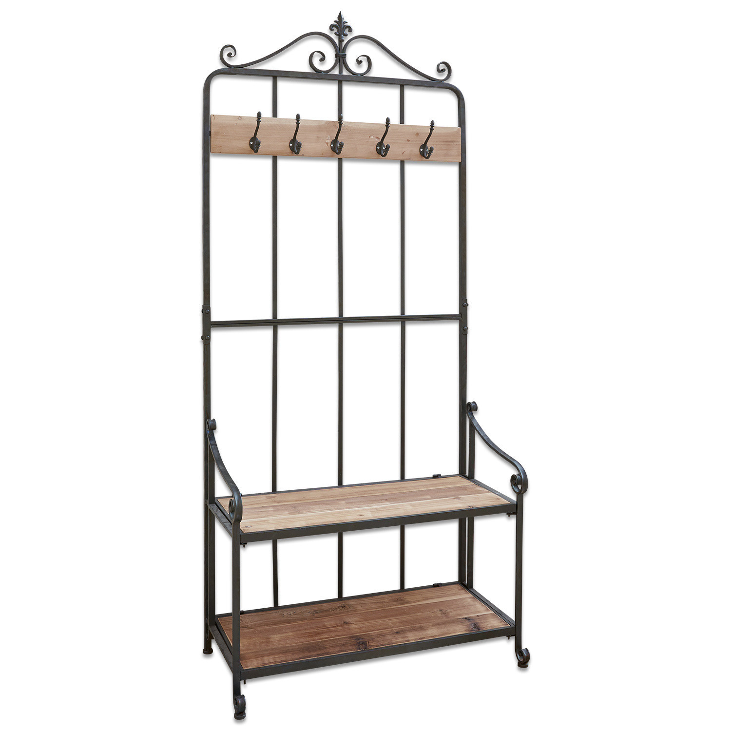 Garderobe Sussy Zwarte metalen kapstok met houten plank en haken in natuurlijke kleur voor de hal