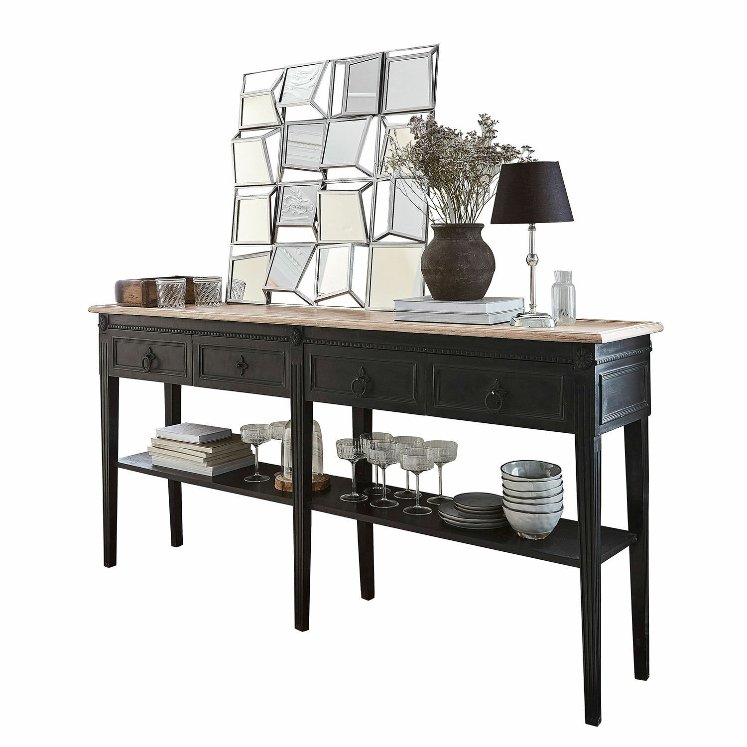 Console Riviéres Console noire avec plateau en bois, tiroirs, miroir décoratif et lampe de table élégante