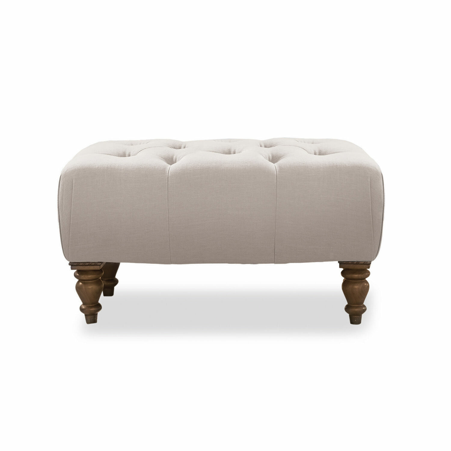 Pouf Durance en lin beige avec pieds en bois tourné, siège élégant pour salon moderne