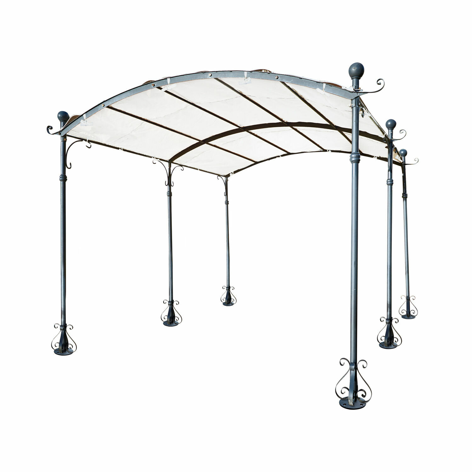 Pergola Yarl Pavillon de jardin en métal avec toit en tissu blanc et pieds décoratifs, parfait pour terrasse