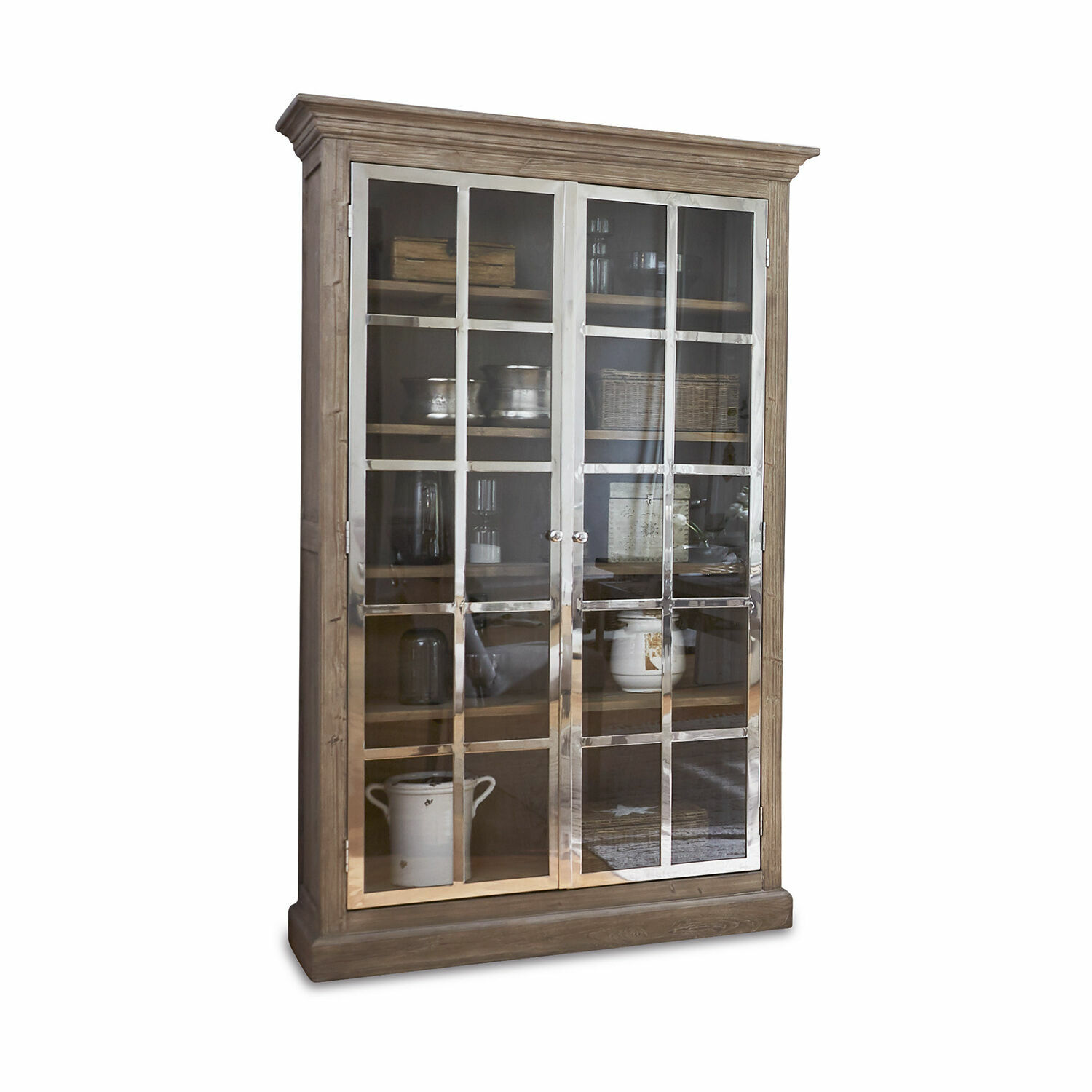 Kast Keyport Vitrinekast van natuurlijk hout met glazen deuren en metalen frames, opbergmeubel voor woonkamer