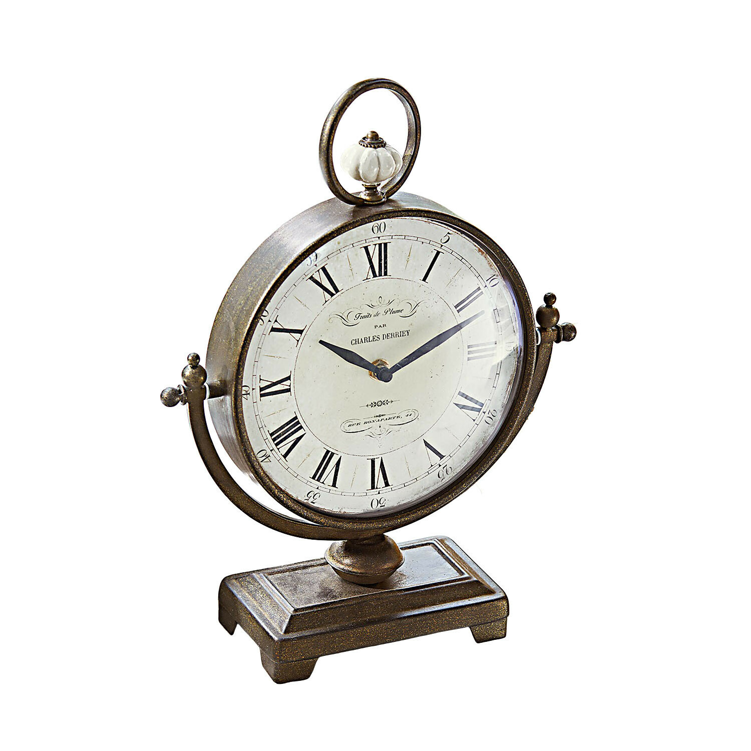 Klok Norwick Vintage tafelklok met bruine metalen behuizing en witte wijzerplaat met Romeinse cijfers voor interieur