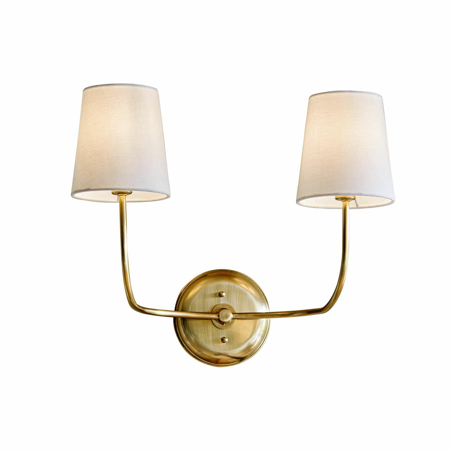 Wandlamp Plainfield Dubbele messing wandlamp met witte stoffen lampenkappen voor sfeervolle wandverlichting
