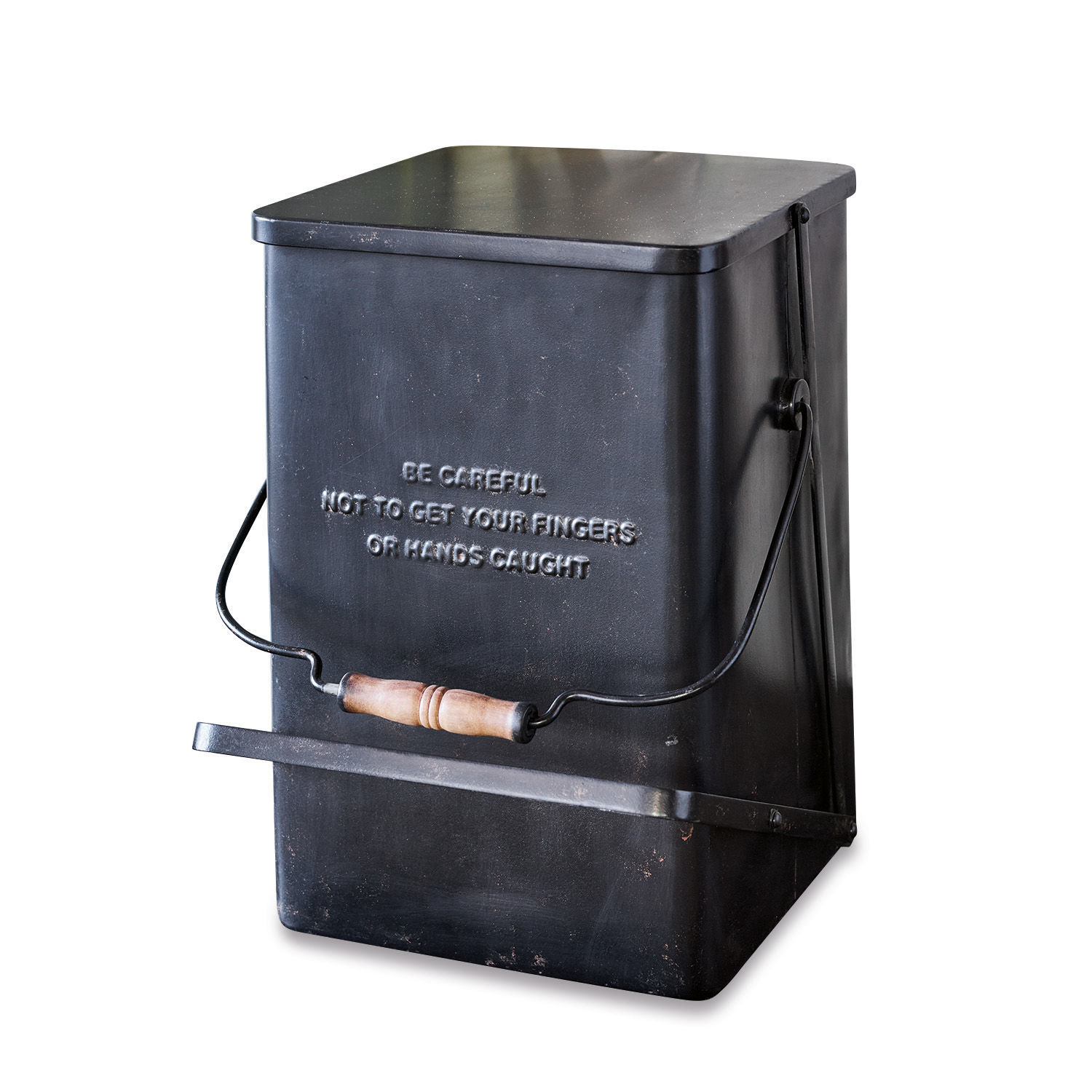 Poubelle Connoly Boîte en métal noir avec poignée en bois et avertissement embossé, rangement pratique et robuste