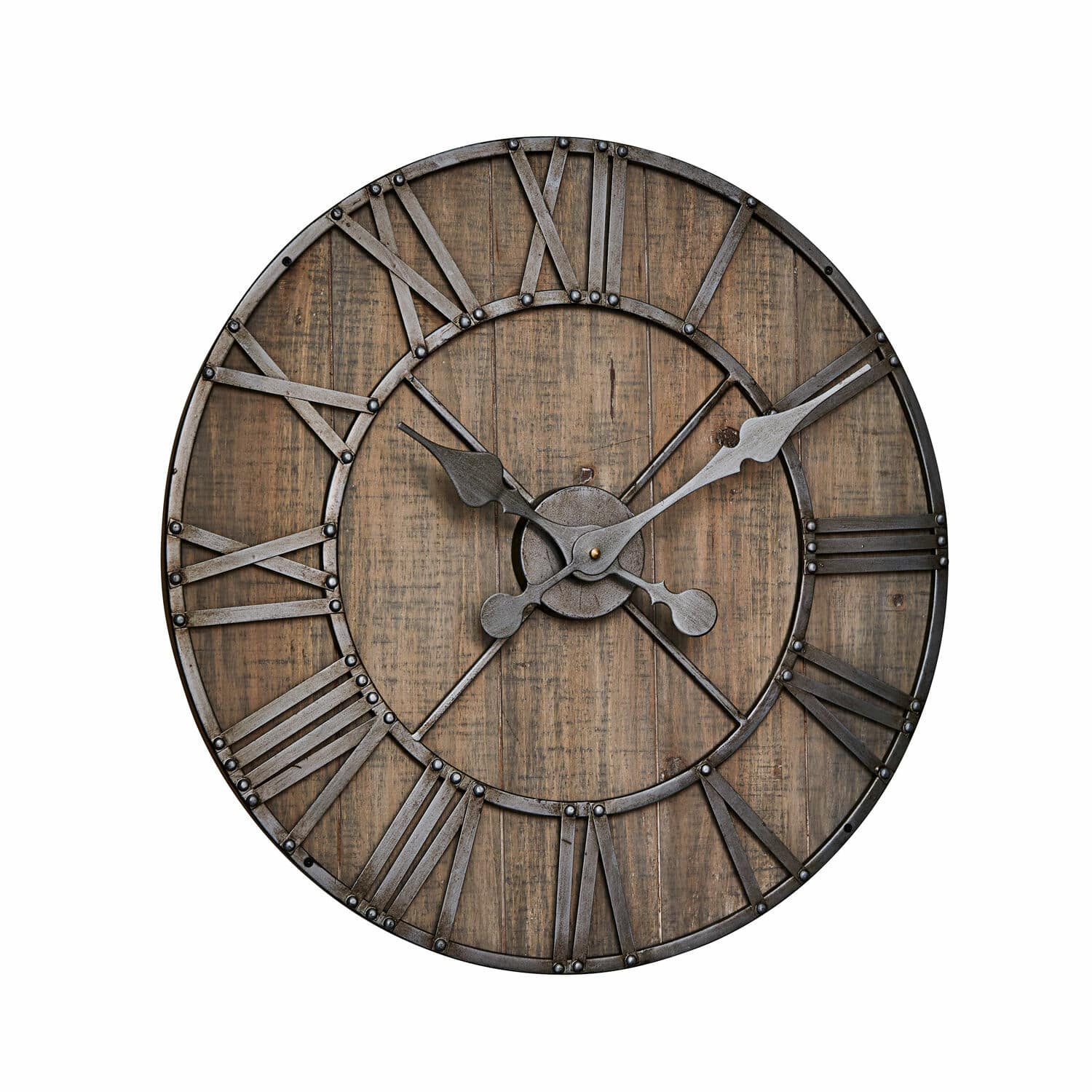 Horloge Caldwell Grande horloge murale en bois et métal style vintage avec chiffres romains et aiguilles noires