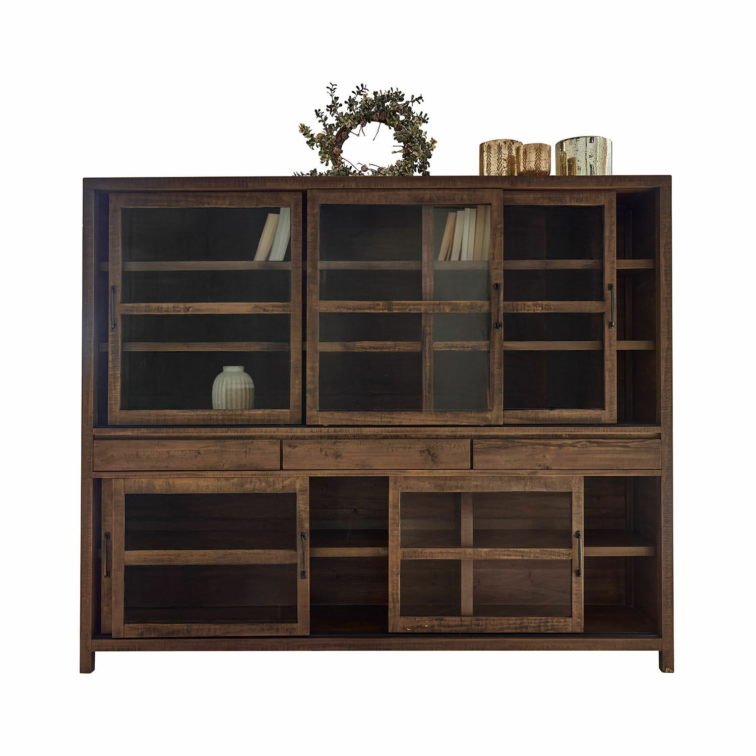 Buffet Whitborne Grande vitrine en bois brun avec portes vitrées et étagères, meuble de salon élégant