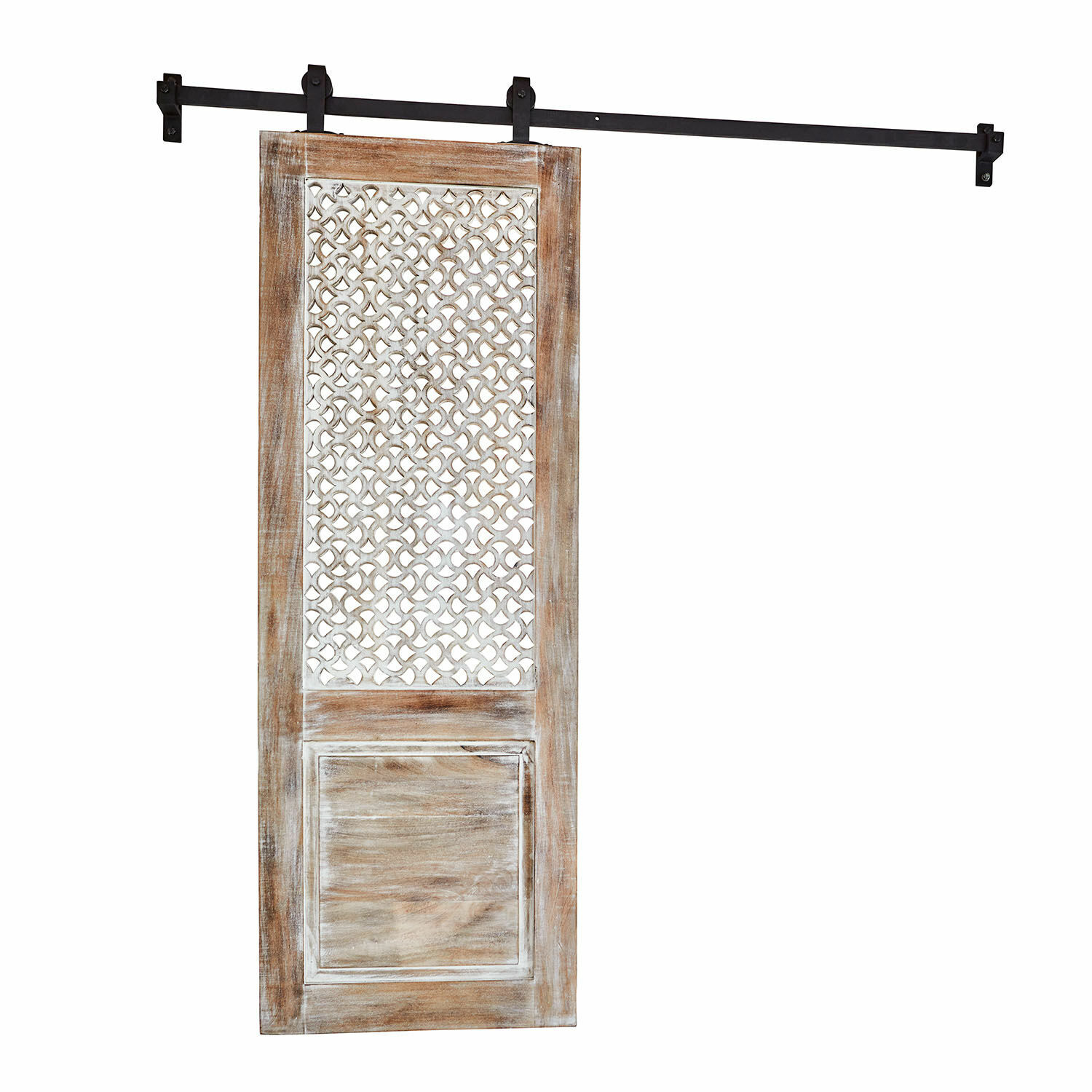 Porte coulissante rustique en bois de manguier naturel avec motif ajouré et rail en métal noir