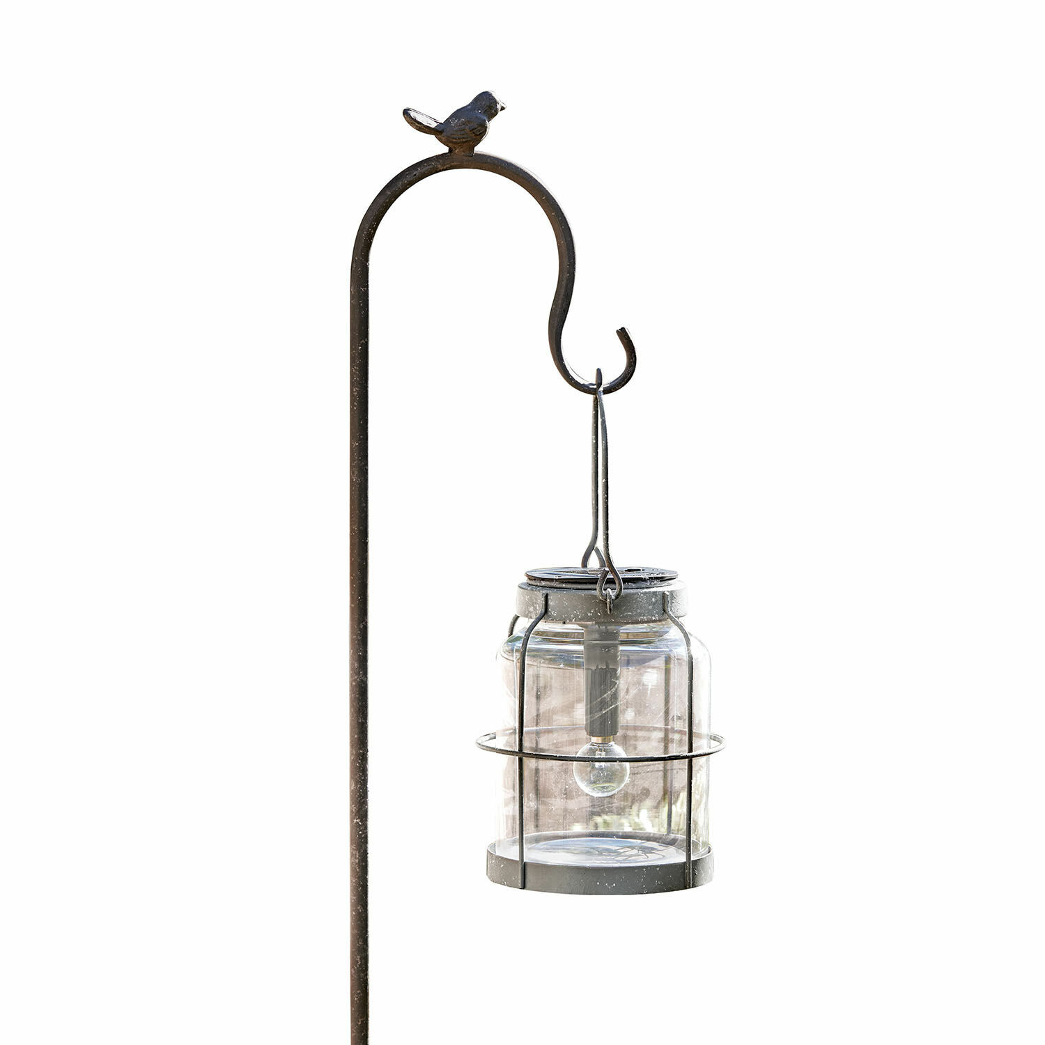 Lanterne solaire Anières Support en métal noir avec lanterne en verre suspendue et décoration oiseau en métal