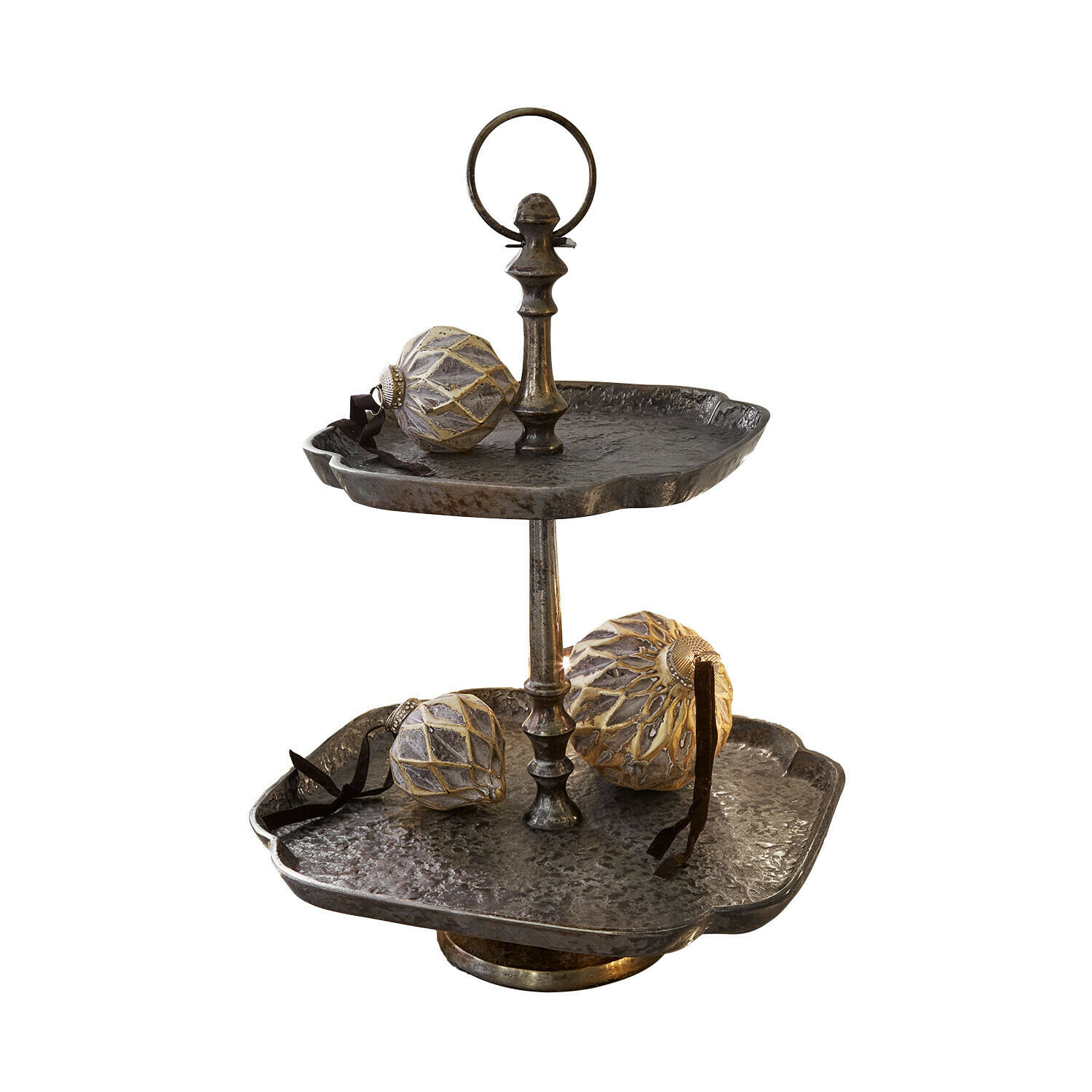 Etagère Lazmina Tweeledig metalen etagère in antiek zilverkleur met decoratieve ballen, stijlvolle tafeldecoratie
