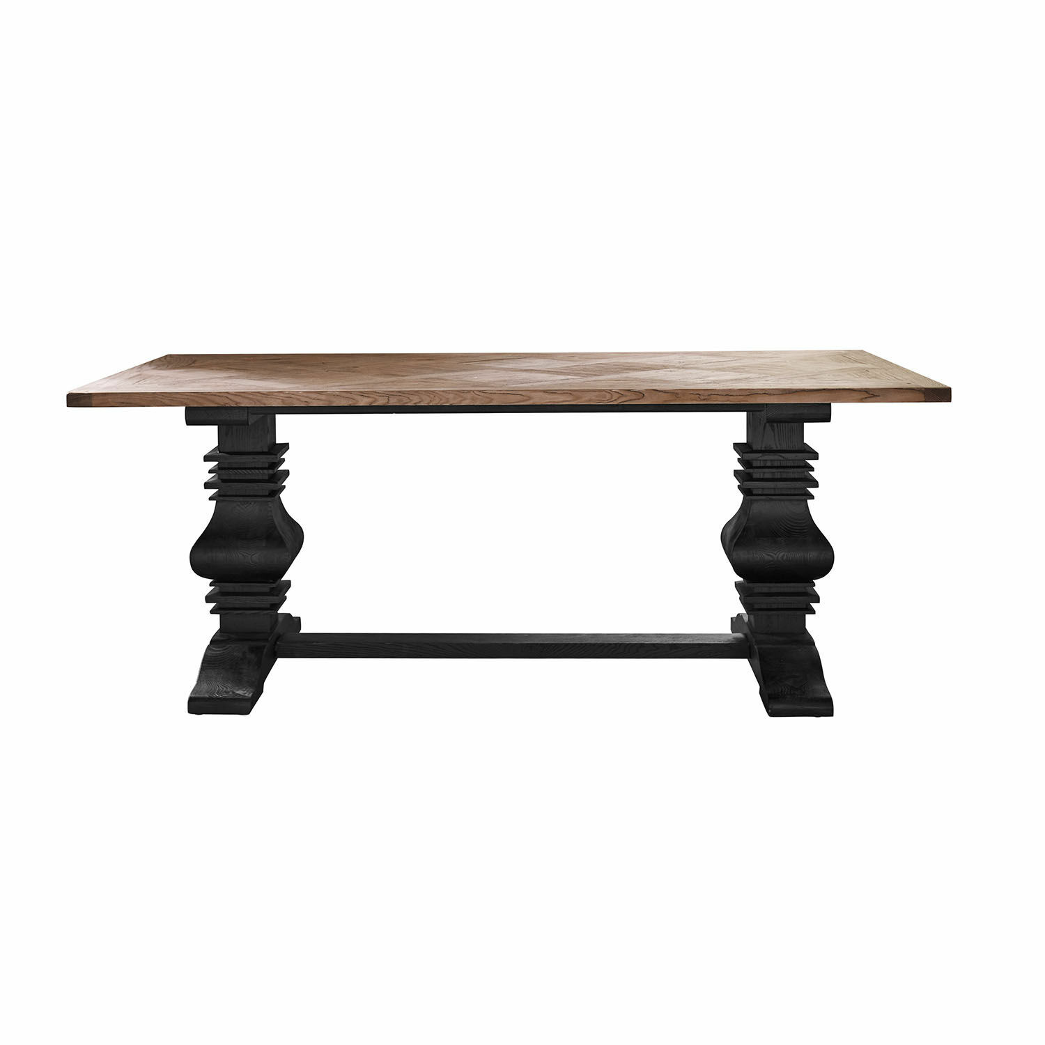Table Quillancourt en bois brun avec base noire antique, meuble robuste pour salle à manger