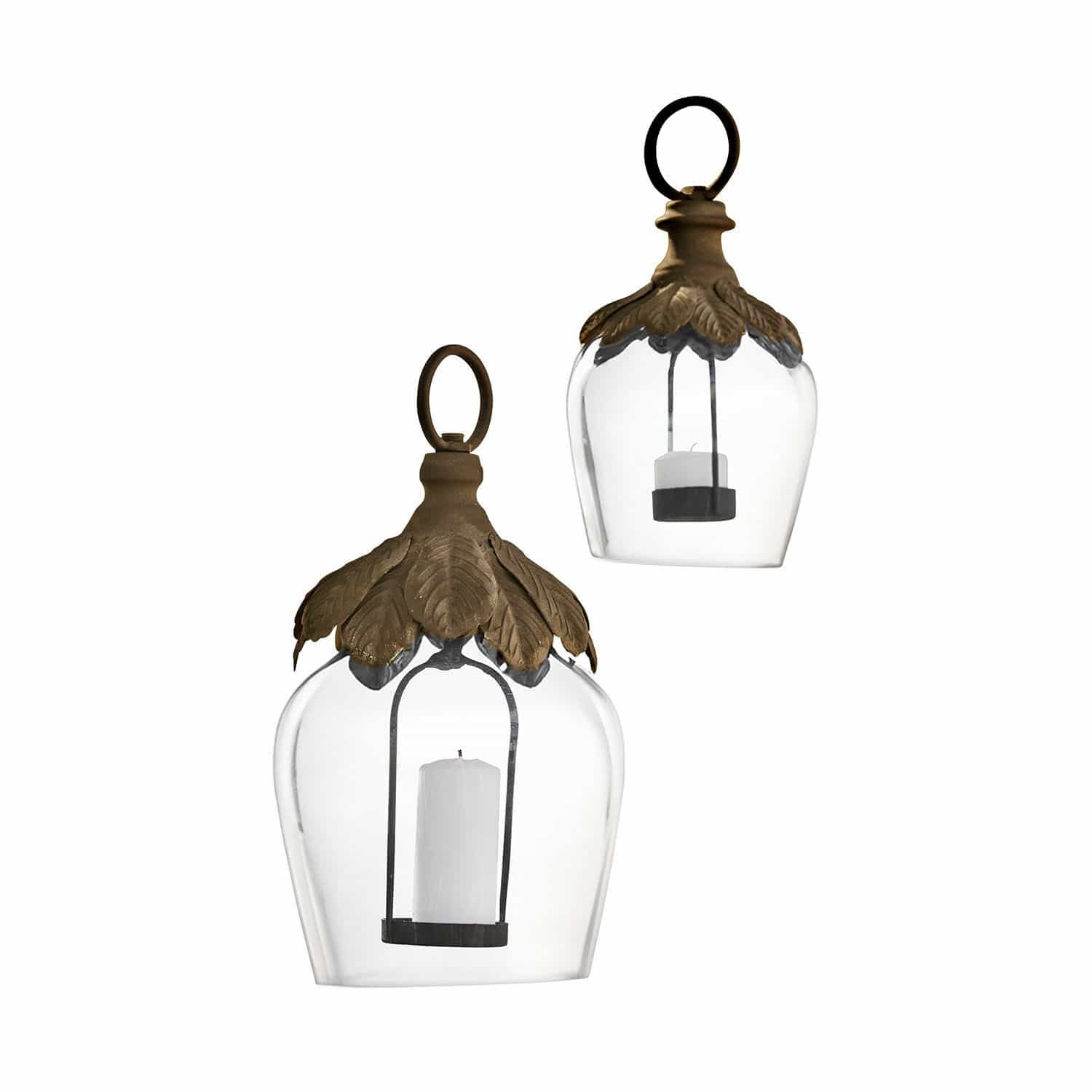 Hanglantaarn set van 2 Tourillan Glazen lantaarn met witte kaars en messing bladerenkrans, decoratie voor binnen en buiten