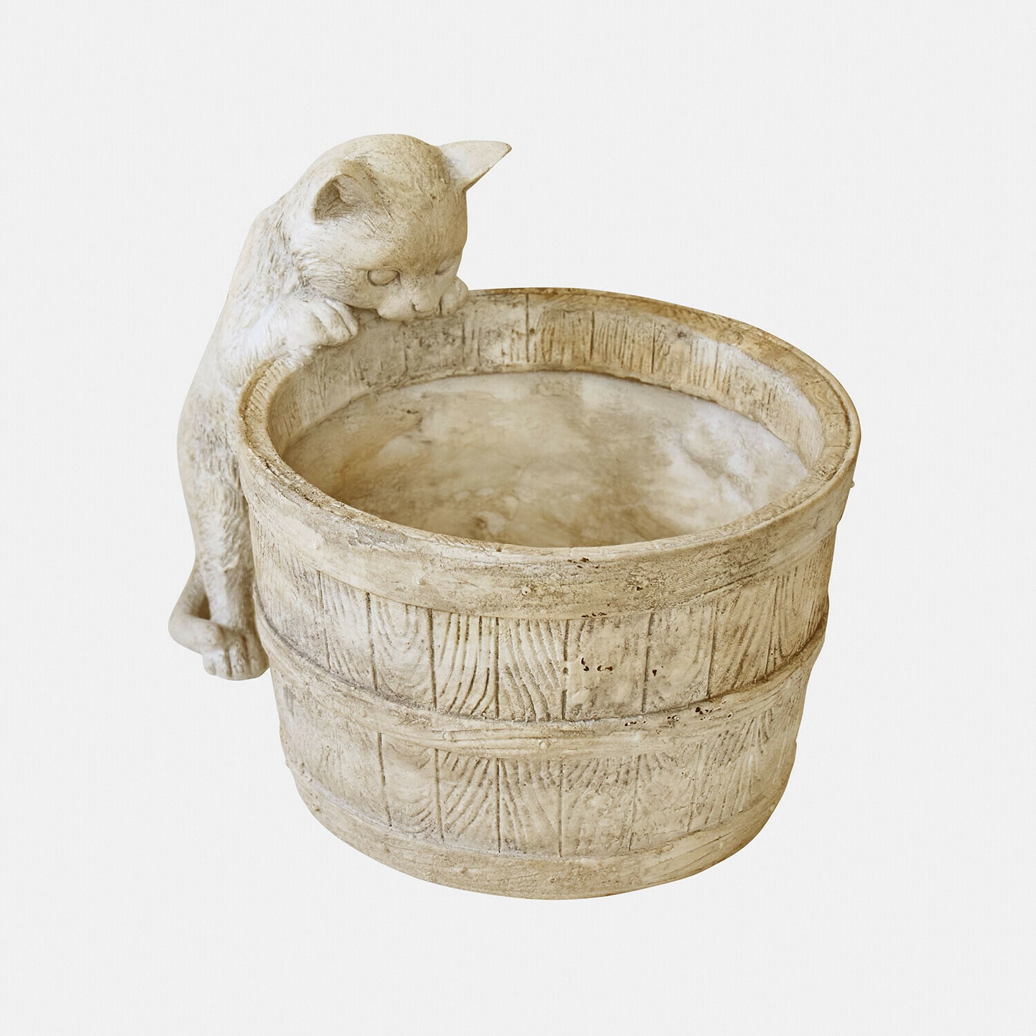 Sierpot Finløf Beige stenen bloempot met katfiguur die over de rand klimt, decoratieve tuinaccessoire
