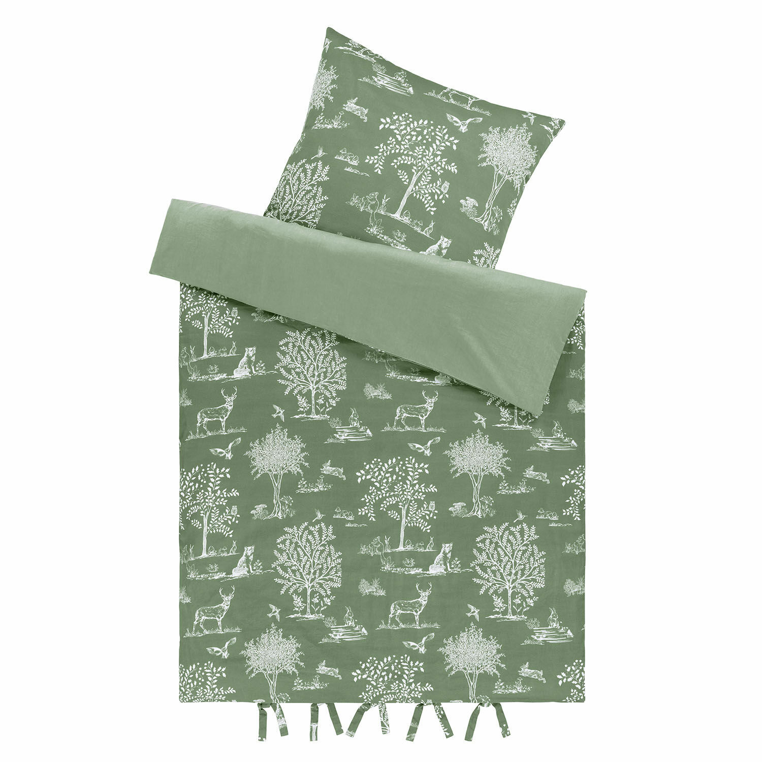 Parure de lit Tayora Parure de lit verte en coton avec motifs blancs d'arbres et d'animaux forestiers, décorative et confortable