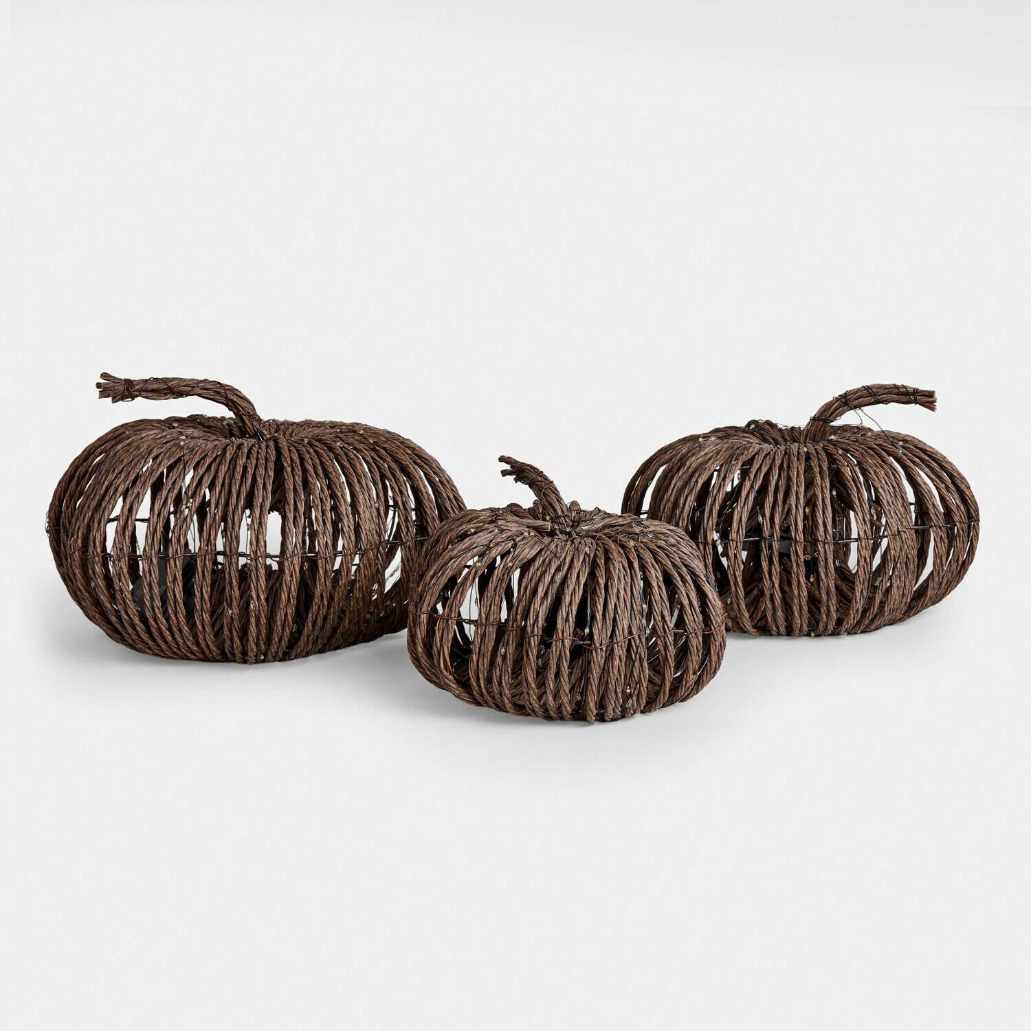 Lot de 3 citrouilles à LED Ysolann Citrouilles décoratives en corde tressée marron foncé, décoration automnale pour intérieur et jardin