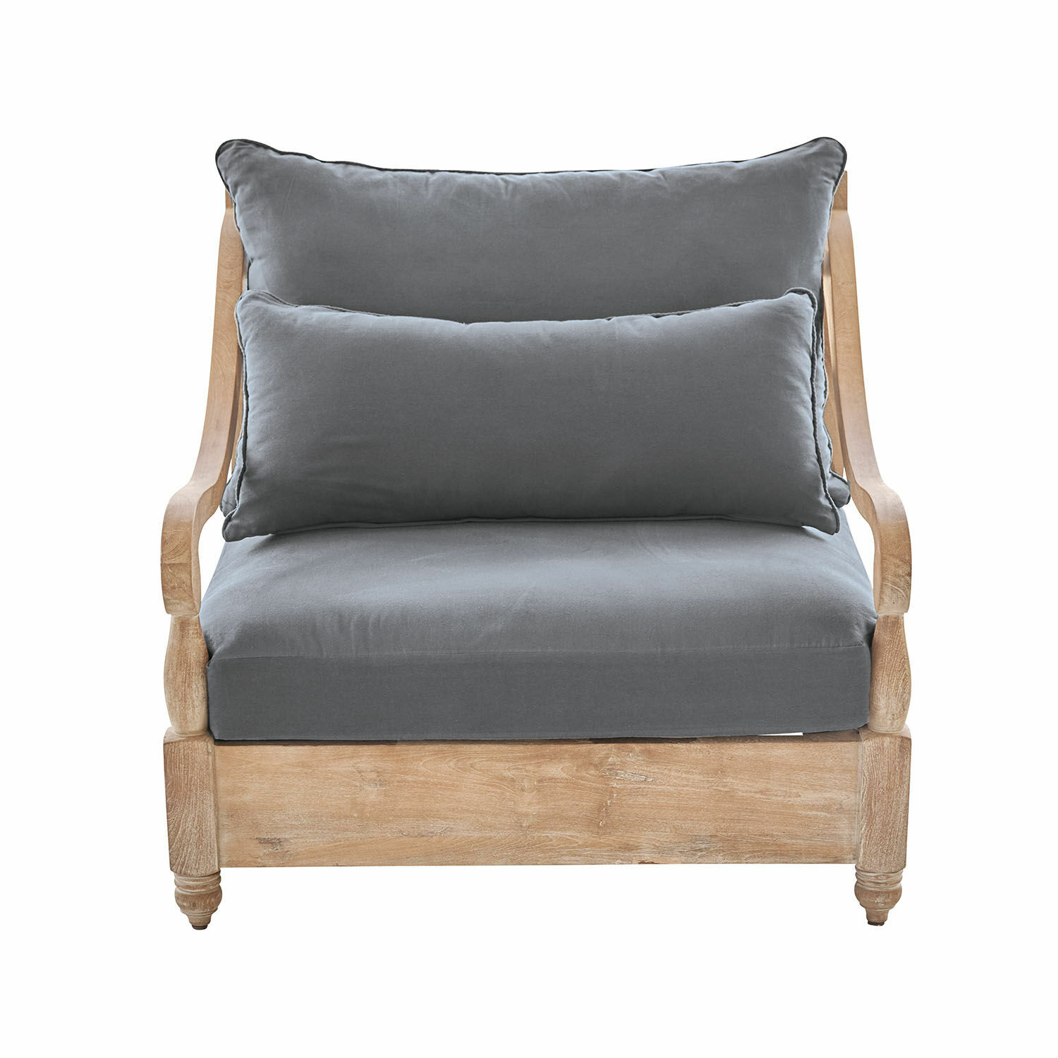 Fauteuil Montcassin en bois marron avec coussins gris en tissu confortable