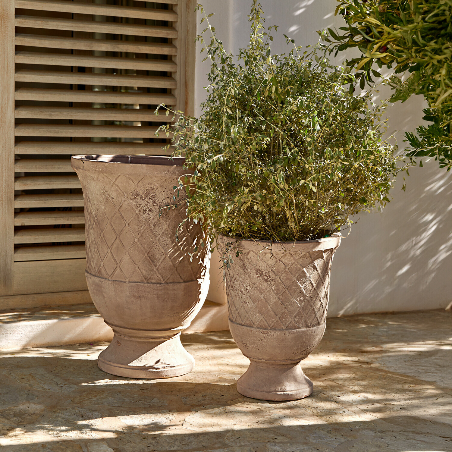 Plantenpot set van 2 Kivolex Twee beige terracotta bloempotten met geometrisch patroon, één met groene plant, op zonnig terras