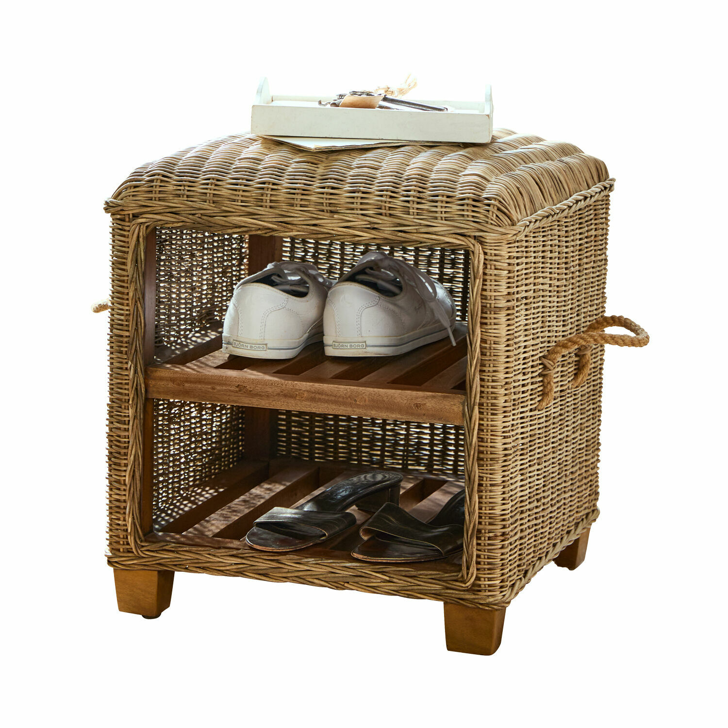Hocker Merveillette Schoenenkast van natuurlijk riet met twee houten planken en handvatten, praktisch opbergmeubel