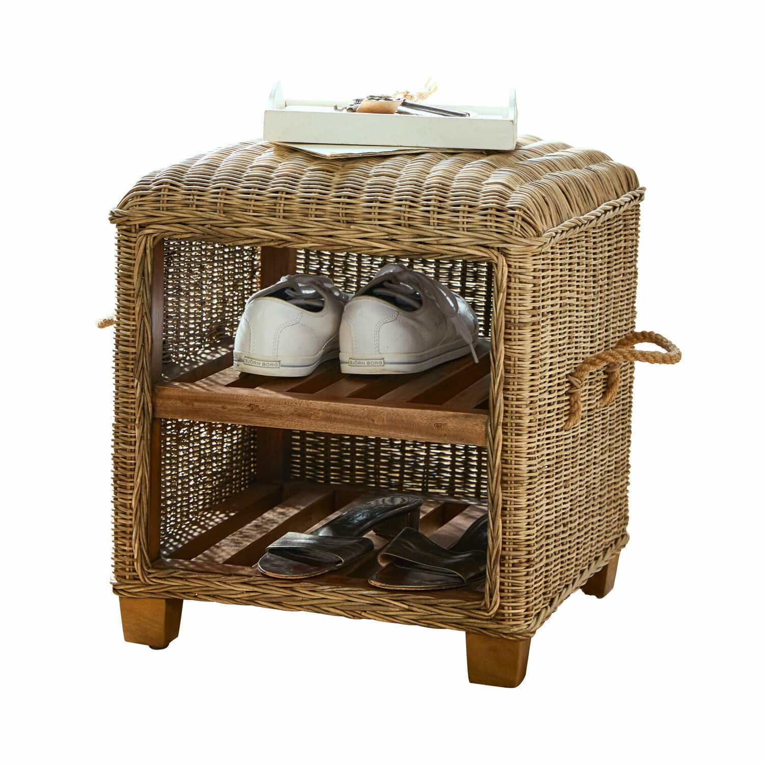 Tabouret Merveillette Meuble à chaussures en rotin naturel avec deux étagères en bois, rangement pratique pour chaussures