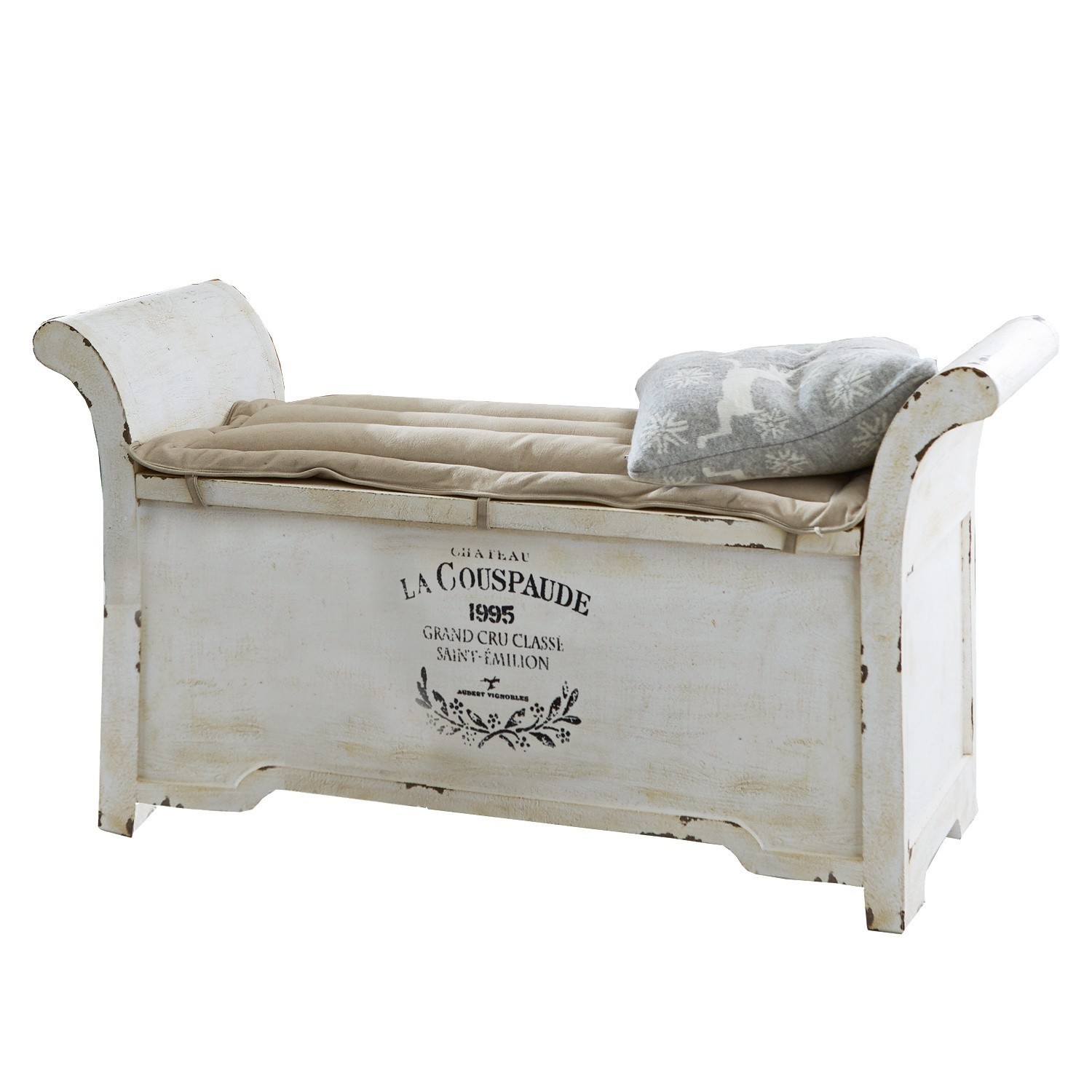 Bank Andance Vintage witte houten bank met beige kussen en grijs sierkussen