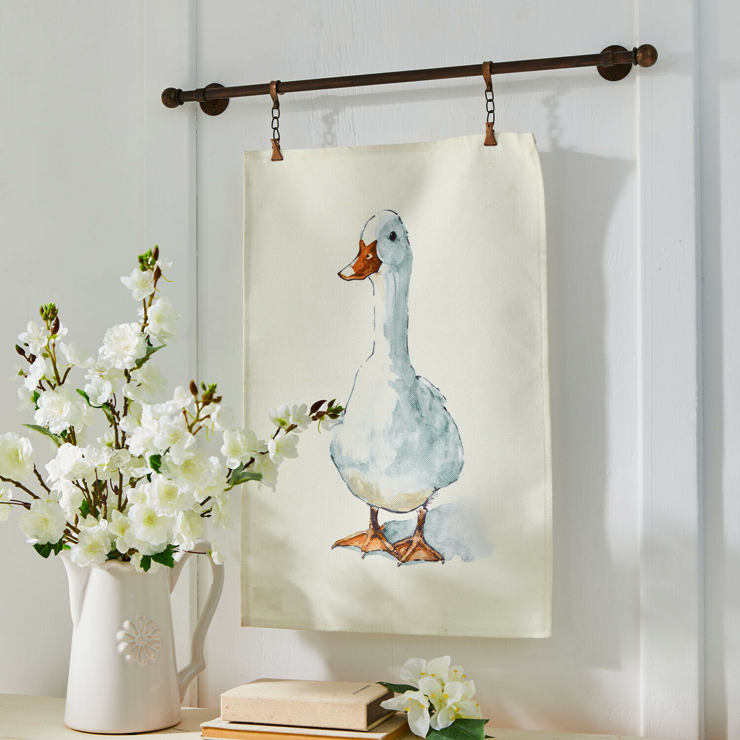 Toile Sunnyo Tissu décoratif en coton avec impression d'un canard aux couleurs pastel, suspendu à une tringle en métal