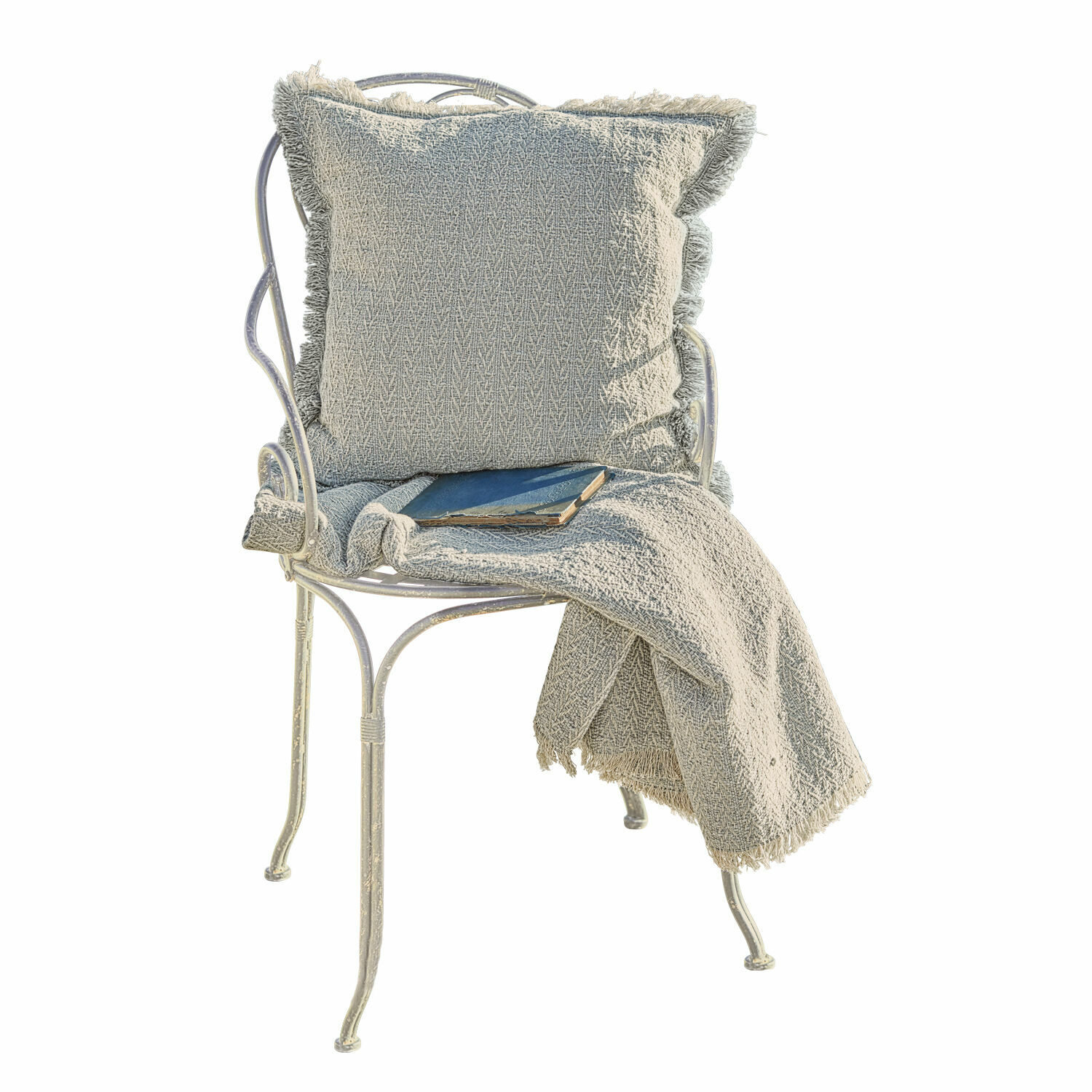 Chaise Aube Fauteuil en métal blanc avec coussin gris et plaid en tissu doux pour un confort intérieur