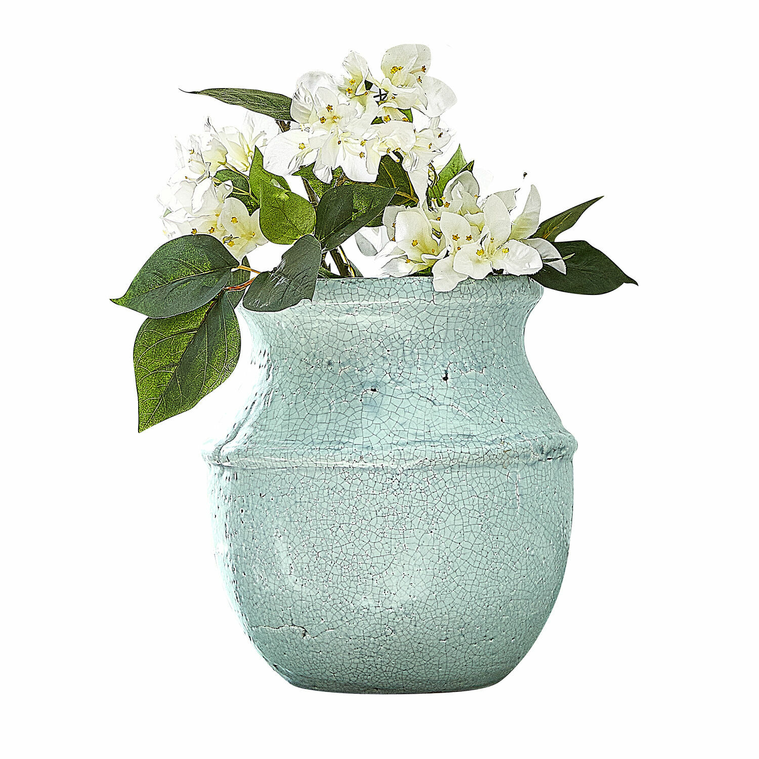 Vaas Rosamonde Keramische vaas in muntgroen met witte bloemen en groene bladeren voor interieurdecoratie