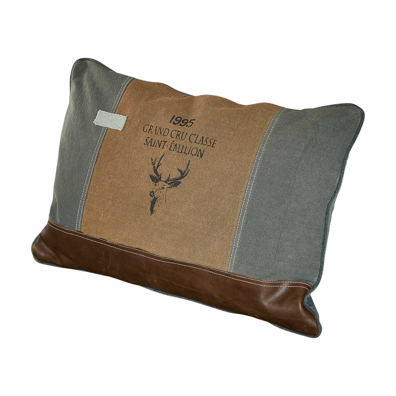 Coussin Chiron Coussin décoratif en tissu et cuir marron avec impression cerf et texte Grand Cru Classé