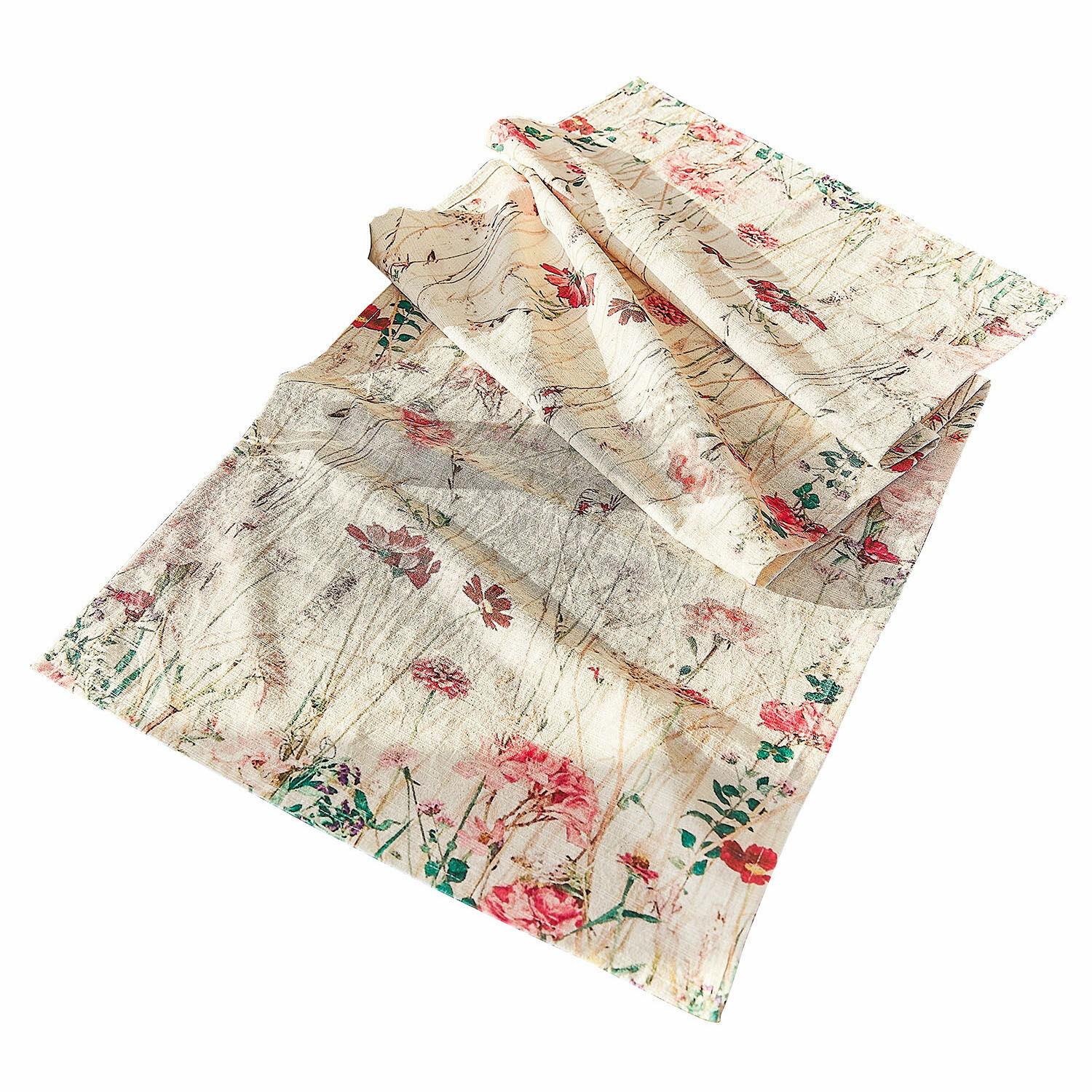 Tafelloper Briovene Linnen tafelloper in crème met bloemenprint, rustieke tafeldecoratie