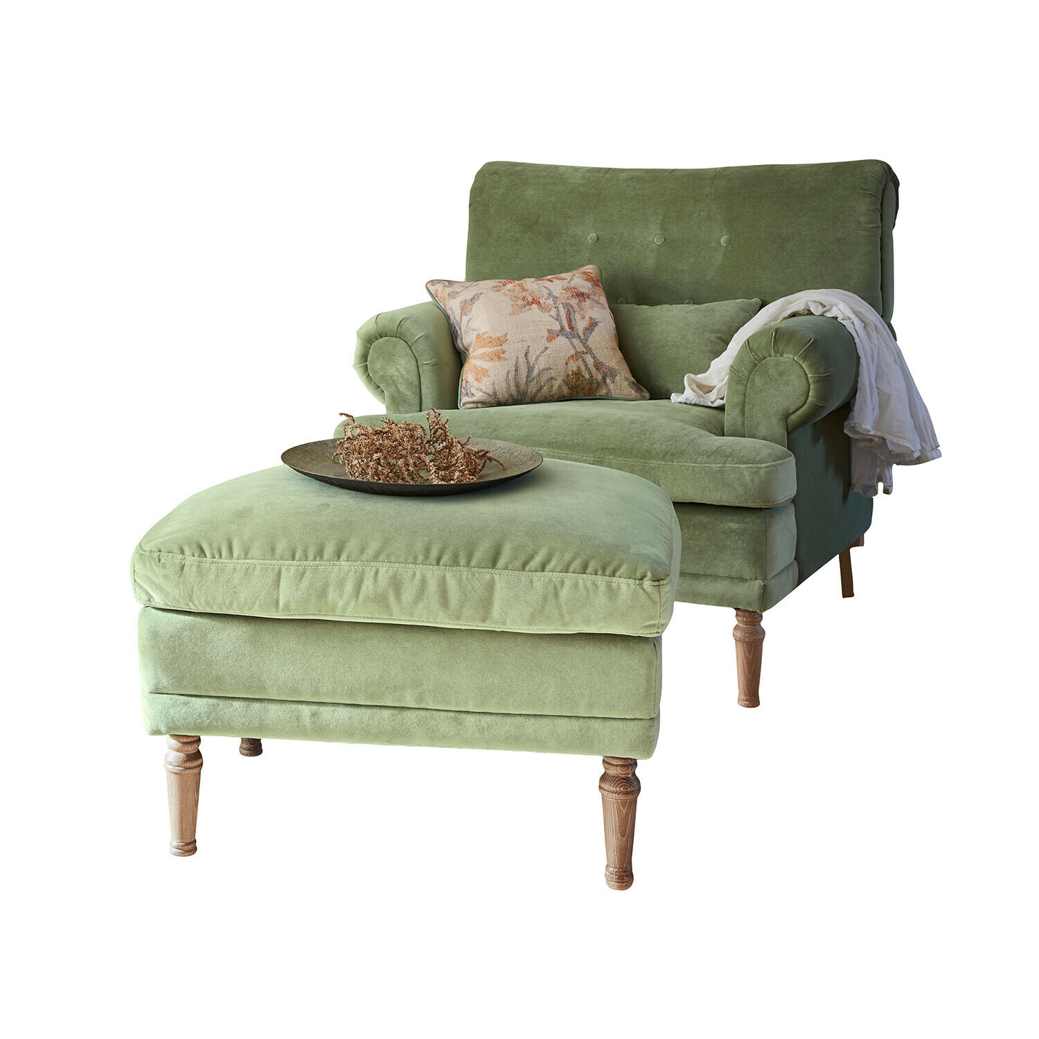 Fauteuil met hocker Éclat Émeraude Groene fluwelen fauteuil met voetenbank en decoratief kussen voor woonkamer