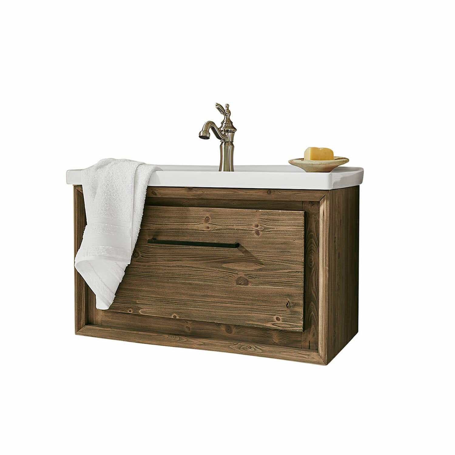 Wastafelmeubel Greenhaven Houten badkamermeubel met witte keramische wastafel, metalen kraan, handdoek en zeep