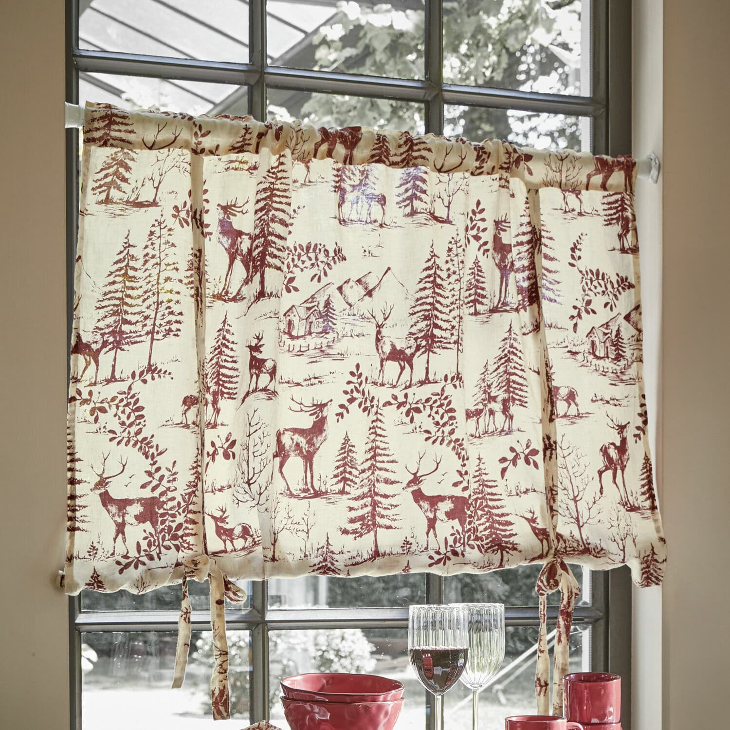 Brise-bise Sundraen Rideau en coton crème avec imprimé rouge de cerfs et sapins, décoration de fenêtre rustique pour cuisine