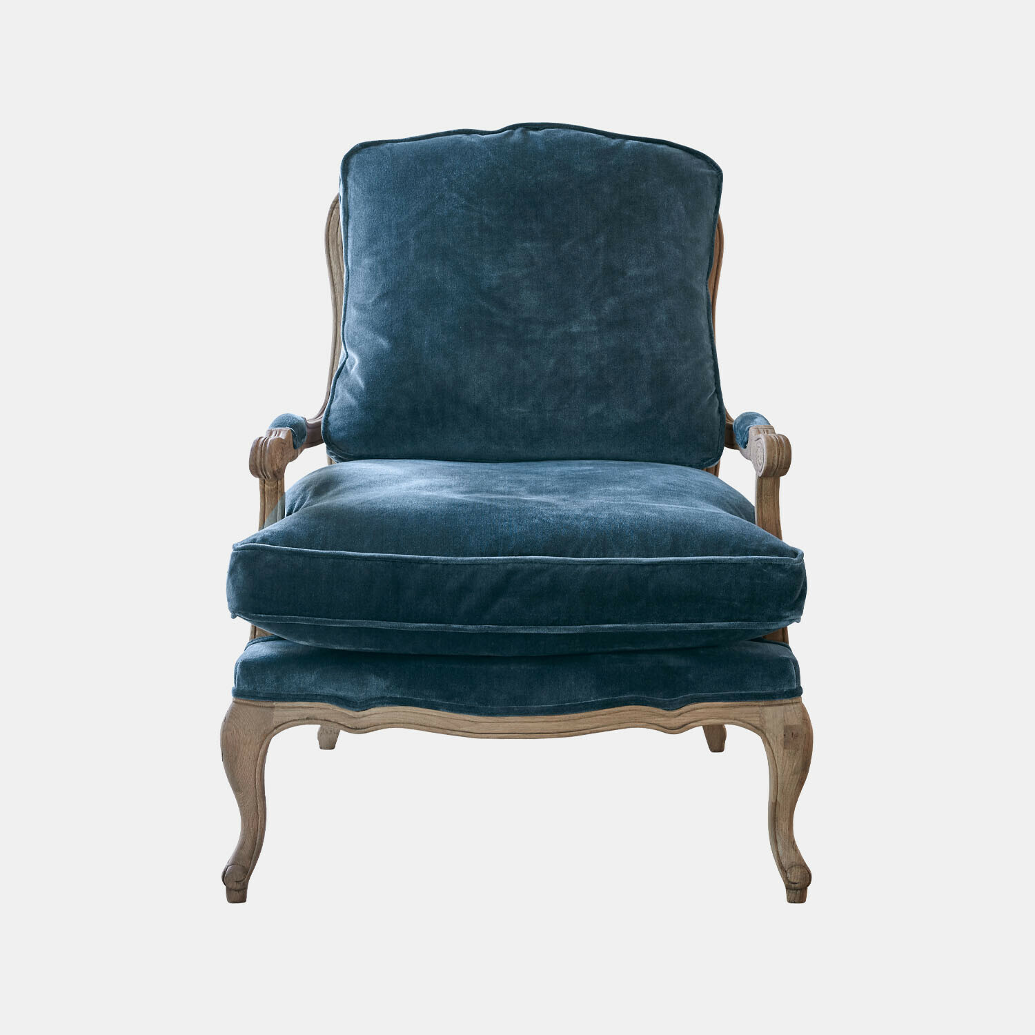 Fauteuil Corlay en velours bleu avec cadre en bois marron, design classique élégant