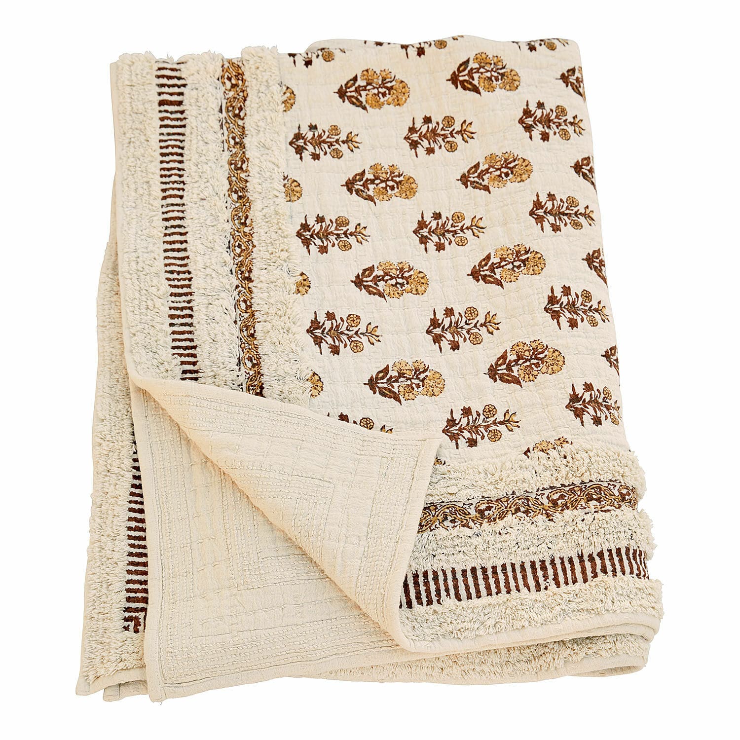 Plaid Arsalan Crèmekleurige katoenen deken met bruin bloemenpatroon en decoratieve franjes, woontextiel